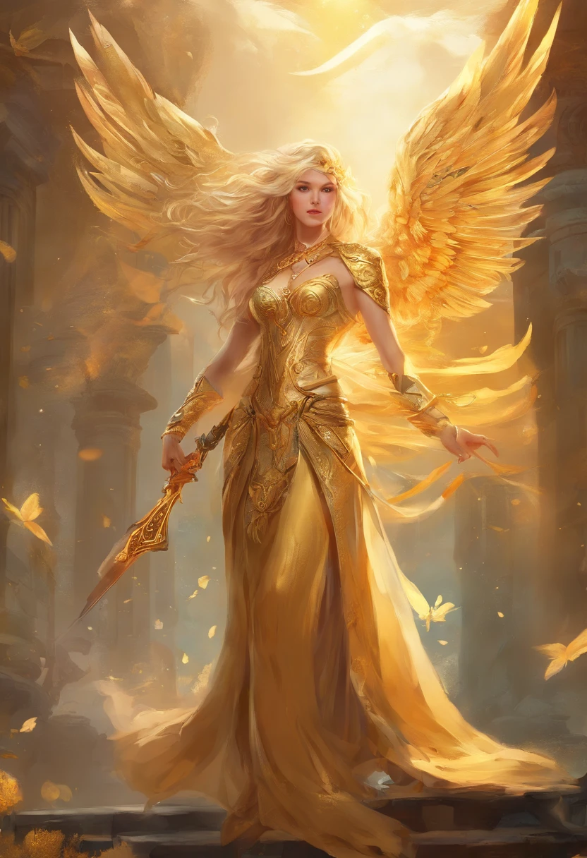(Masterpiece), beste-Qualit, expressive eyes, Cyan eyes, 1girl, a goddess, Goddess of War, Golden hair, Curls, hairlong, Stunningly Beautiful Girl, a perfect face, edged weapons, Knife in lowered hand, Gold Detailed Embroidered Dress, floor-length dress, Long Dress, natural pose, looks at the viewer, a gold, A lot of gold, soft light, Hard Face