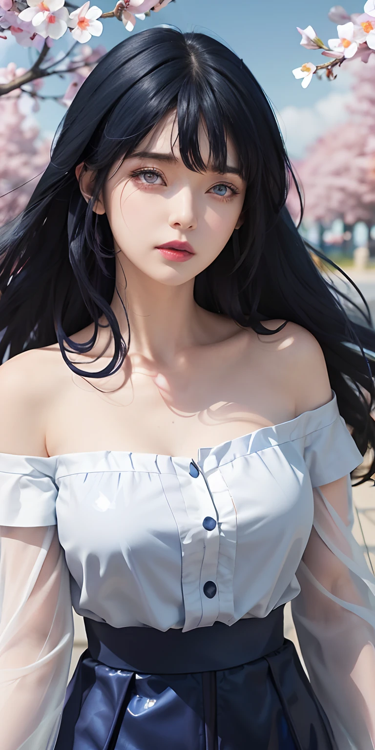 a close up of a person with long hair and a hoodie, hinata hyuga, hinata hyuga from naruto, from naruto, as an anime character, perfect anime face, she has dark blue hair with bangs, female anime character, anime character, anime best girl, hime cut hairstyle, dark blue hair, (red glossy lips:1.3), light purple eyes, big breasts, realistic, ultra detail, indoor background