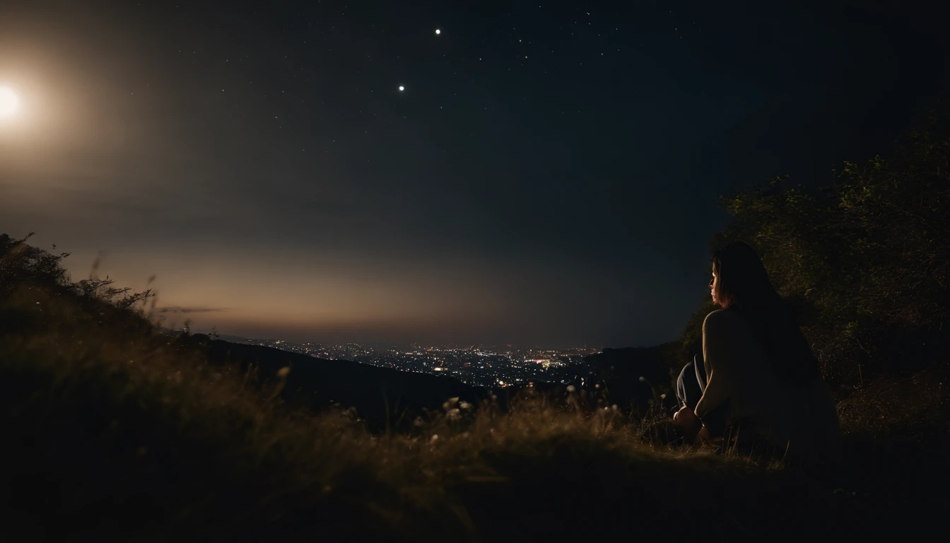 Pitch Black Sky、Very beautiful star々、ultra res、8K、,Japan beautiful girl looking at the night sky is very small and backwards、The girl is depicted from afar、Facing backwards、Sitting on a hill、It's pitch black around、Ultra-realistic video、