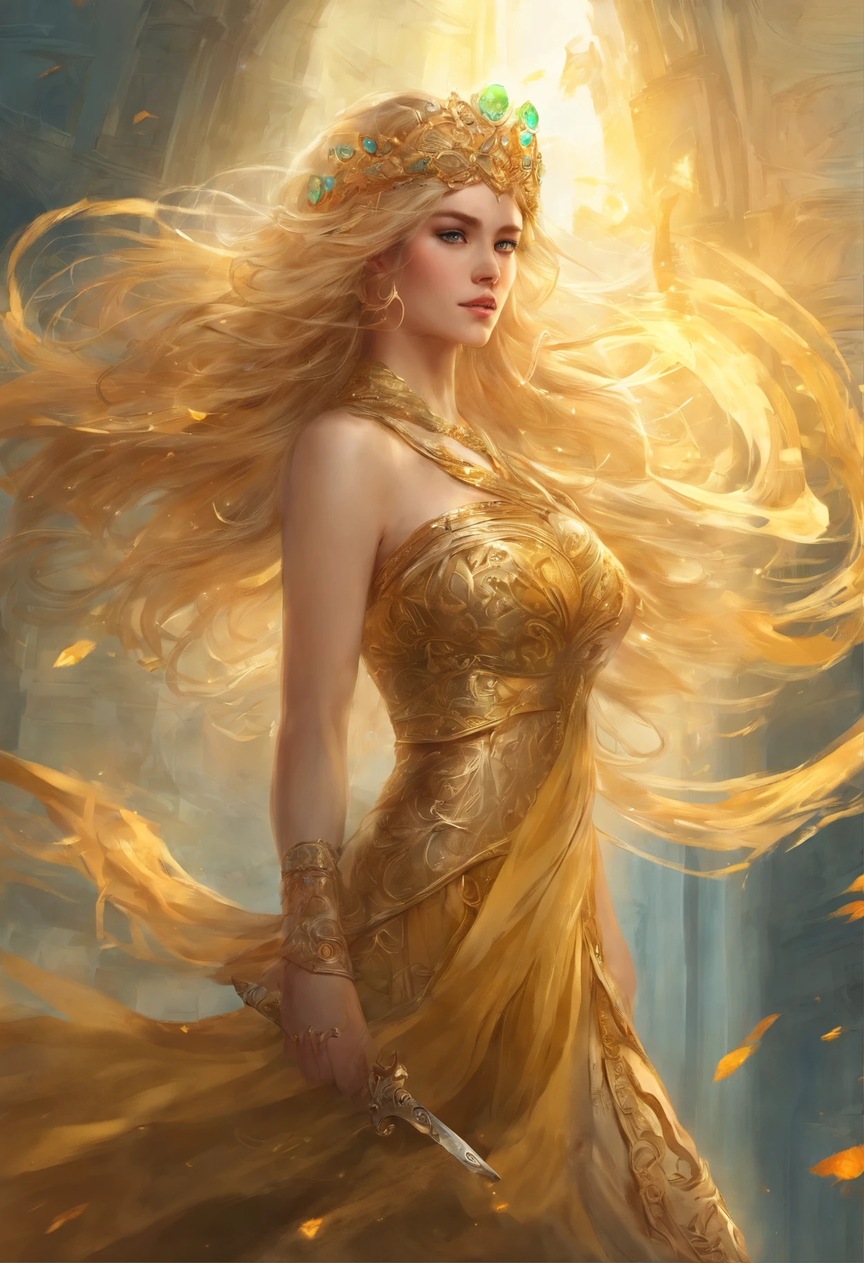 (Masterpiece), beste-Qualit, expressive eyes, Cyan eyes, 1girl, a goddess, Goddess of War, Golden hair, Curls, hairlong, Stunningly Beautiful Girl, a perfect face, edged weapons, Knife in lowered hand, Gold Detailed Embroidered Dress, floor-length dress, Long Dress, natural pose, looks at the viewer, a gold, A lot of gold, soft light, Hard Face