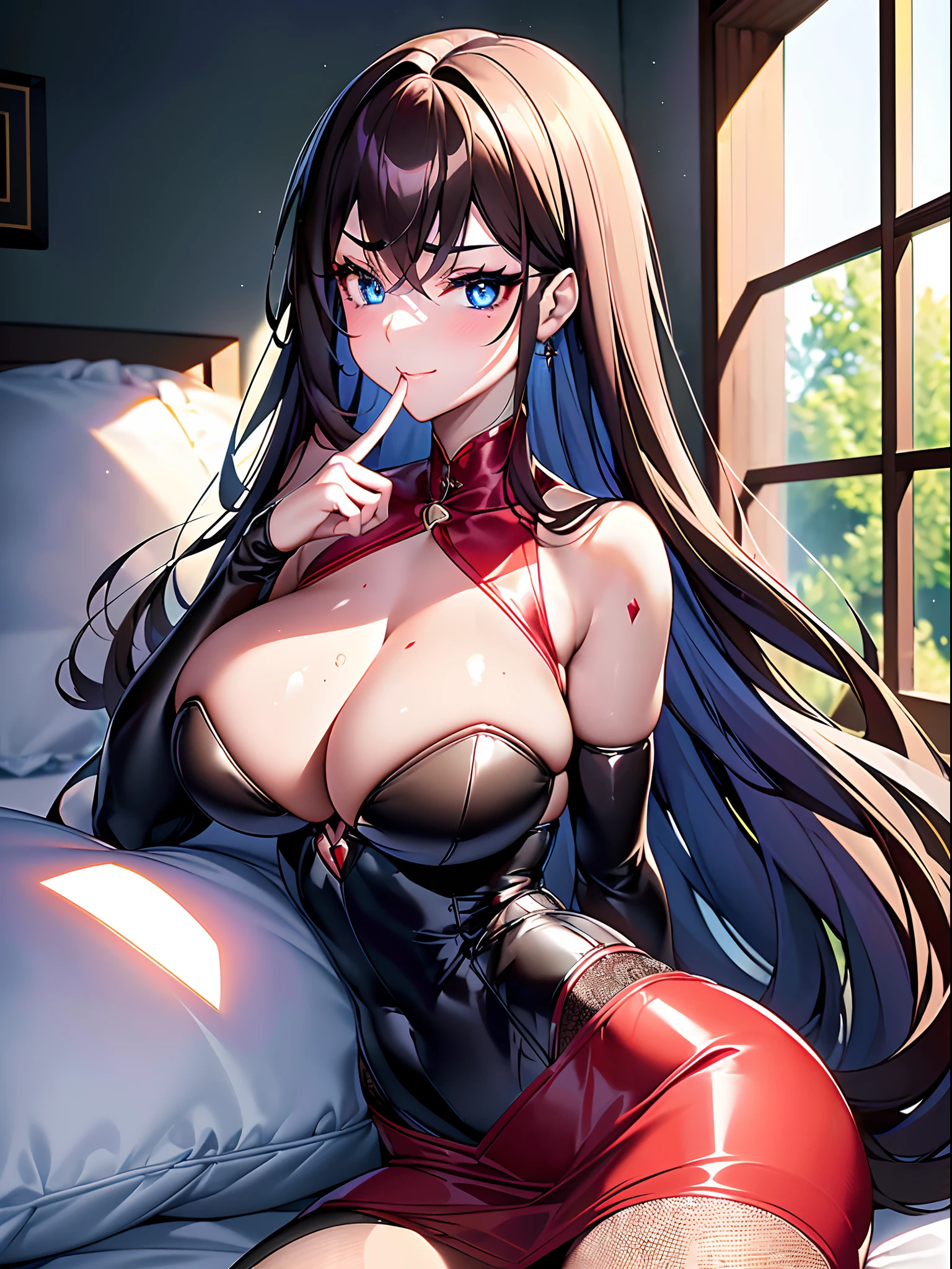 ((16k,Raw photography,top-quality,hight resolution,Ray tracing,PBR Texture,Post-processing,)),(((Red leather bondage skirt, Cute Japan anime girl:2.0,evangerion,Soryu Asuka Langley,long wavy brown hair,Big breasts that emphasize cleavage:2.0,bare hand,Thin leg,blue eyess,complete5Depiction of the finger,Elaborate limb representation,Limbs are2One,Fingers in total5Portrayed in books,A beautiful woman with perfect body)))(finerly detailed face:1.5),(masterpiece:1.5),(top-quality:1.5), Beautiful fine skin,(Complex fishnet stockings),pin heels,Leather luster :3.0,Beautiful skin,(Black corset,Red Body Conlong),((tthin eyebrows,long eyelashes,smil,二重まぶた,)),No title required,Do not wear anything on your shoulders,Create beautiful light effects on the background、Light Particle Filter,Girl fighting in town,(finerly detailed face:1.4),(masterpiece:1.4),(top-quality:1.4), Beautiful fine skin,(Complex fishnet stockings),pin heels,Leather luster 3.0,Beautiful skin,(The leather corsets),((tthin eyebrows,long eyelashes,smil,二重まぶた,Glossy lips)),No title required,Do not wear anything on your shoulders,Bold figure,Staring from the front,Create beautiful light effects on the background、Light Particle Filter,Sleeping lying in bed,Trends on pixiv,Mystical aura,Illuminati style,