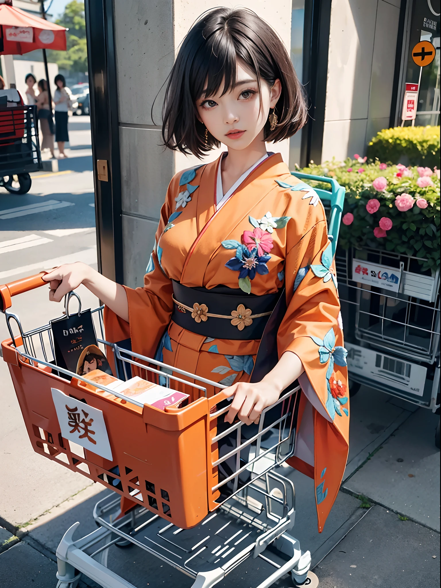 Background of details(),BREAK ,elaborate costume(Luxury kimono(Orange kimono(detailed embroidery))),BREAK,1 Beautiful and classy adult woman(Japanese actressl:1.2)(shinny hair(A black,verdant)(Short hair)),(shopping cart:1.5),BREAK,Wallpapers 16K,Blur the background,(masutepiece:1.5), (Best Quality:1.5),(Portrait photos:1.5),(full body Esbian:1.5)
