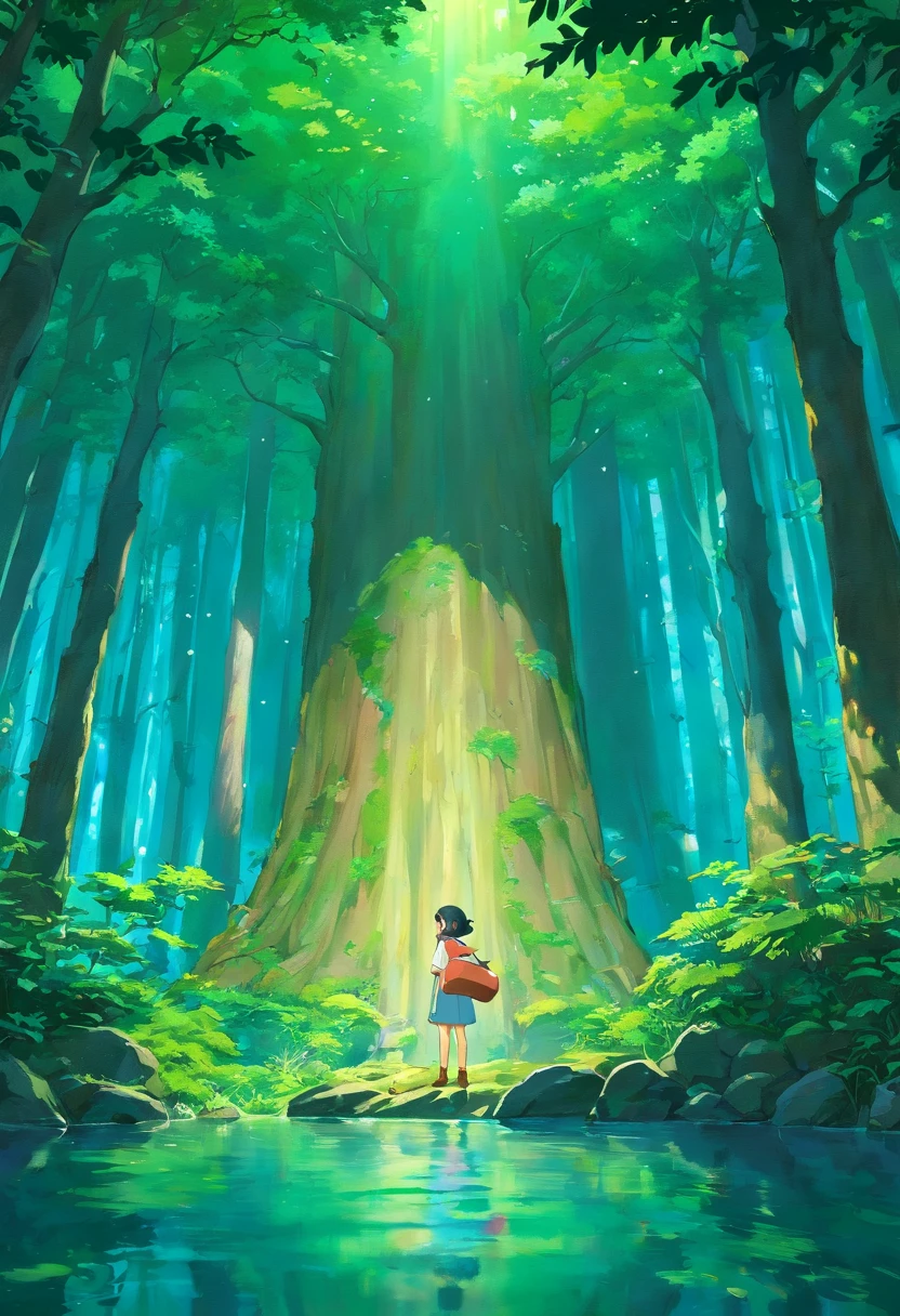 Personagens em uma floresta noturna ao lado de um lago.