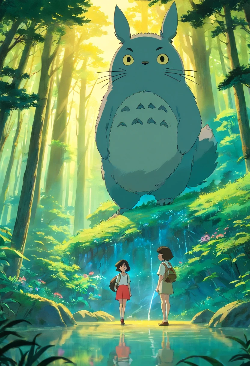 Personagens em uma floresta noturna ao lado de um lago.