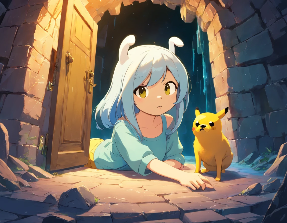 (adventure time), (best quality,4k,highres), (realistic:1.37), (anime:1.1), (detailed:1.1), (vivid colors), (fantasy), (cave:1.1), (door), (white), (boy), (blue hair), (with rabbit ears), (yellow cold blouse), (caramel-colored dog), (large eyes), (gorgeous), (illustration), (mystery), (excitement)