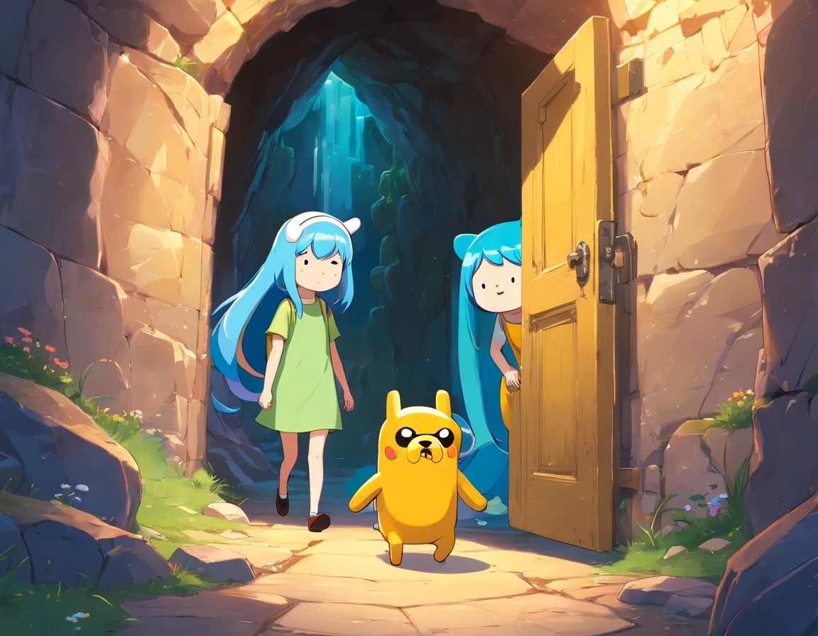 (adventure time), (best quality,4k,highres), (realistic:1.37), (anime:1.1), (detailed:1.1), (vivid colors), (fantasy), (cave:1.1), (door), (white), (boy), (blue hair), (with rabbit ears), (yellow cold blouse), (caramel-colored dog), (large eyes), (gorgeous), (illustration), (mystery), (excitement)