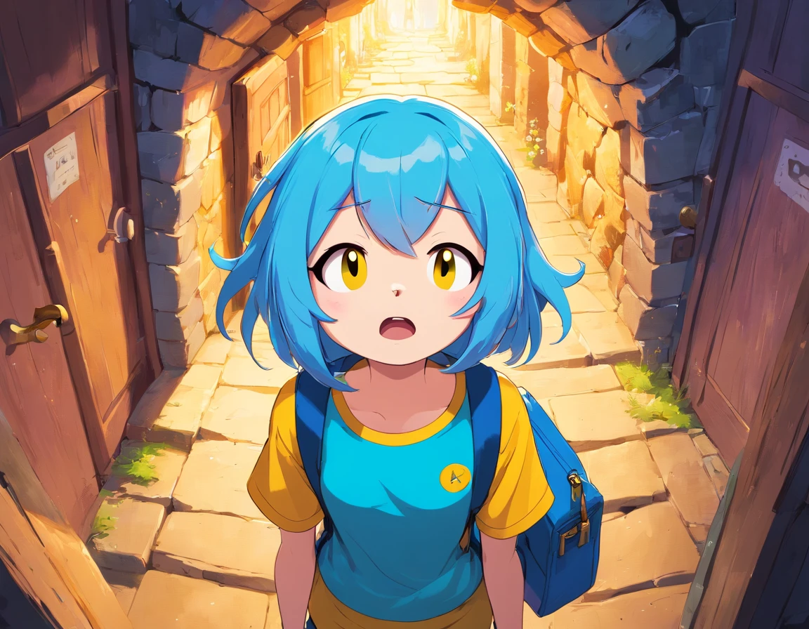 (adventure time), (best quality,4k,highres), (realistic:1.37), (anime:1.1), (detailed:1.1), (vivid colors), (fantasy), (cave:1.1), (door), (white), (boy), (blue hair), (with rabbit ears), (yellow cold blouse), (caramel-colored dog), (large eyes), (gorgeous), (illustration), (mystery), (excitement)
