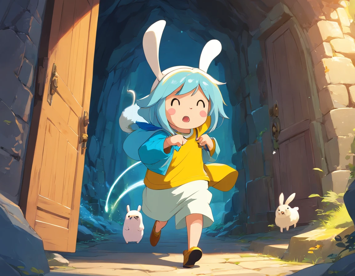 (adventure time), (best quality,4k,highres), (realistic:1.37), (anime:1.1), (detailed:1.1), (vivid colors), (fantasy), (cave:1.1), (door), (white), (boy), (blue hair), (with rabbit ears), (yellow cold blouse), (caramel-colored dog), (large eyes), (gorgeous), (illustration), (mystery), (excitement)