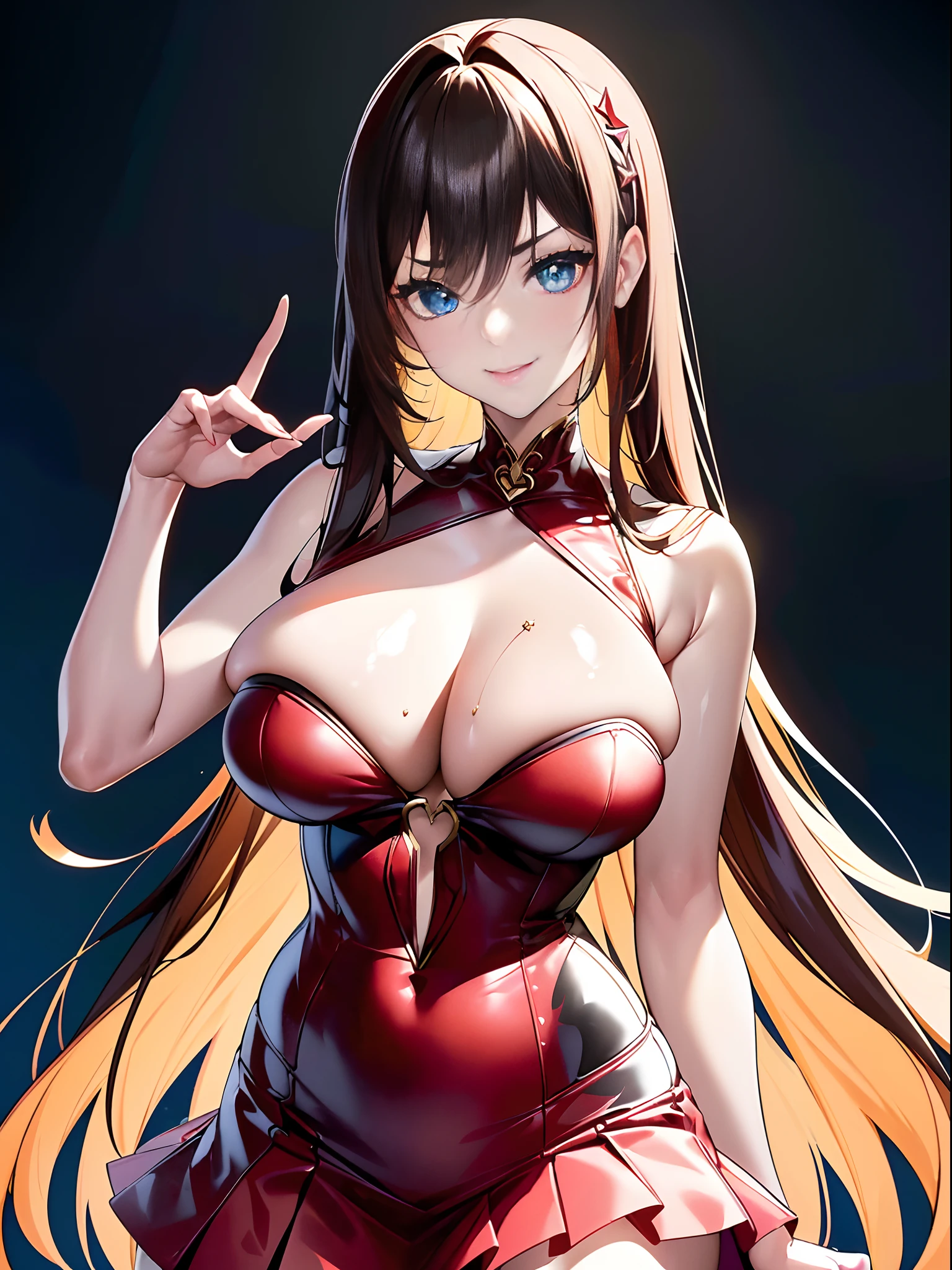 ((16k,Raw photography,top-quality,hight resolution,Ray tracing,PBR Texture,Post-processing,)),(((Red leather bondage skirt, Cute Japan anime girl:2.0,evangerion,Soryu Asuka Langley,long wavy brown hair,Big breasts that emphasize cleavage:2.0,bare hand,Thin leg,blue eyess,complete5Depiction of the finger,Elaborate limb representation,Limbs are2One,Fingers in total5Portrayed in books,A beautiful woman with perfect body)))(finerly detailed face:1.5),(masterpiece:1.5),(top-quality:1.5), Beautiful fine skin,(Complex fishnet stockings),pin heels,Leather luster :3.0,Beautiful skin,(Black corset,Red Body Conlong),((tthin eyebrows,long eyelashes,smil,二重まぶた,)),No title required,Do not wear anything on your shoulders,Create beautiful light effects on the background、Light Particle Filter,Girl fighting in town,(finerly detailed face:1.4),(masterpiece:1.4),(top-quality:1.4), Beautiful fine skin,(Complex fishnet stockings),pin heels,Leather luster 3.0,Beautiful skin,(The leather corsets),((tthin eyebrows,long eyelashes,smil,二重まぶた,Glossy lips)),No title required,Do not wear anything on your shoulders,Bold figure,Staring from the front,Create beautiful light effects on the background、Light Particle Filter,Show off your beautiful legs while strolling around the city,Trends on pixiv,Mystical aura,Illuminati style,