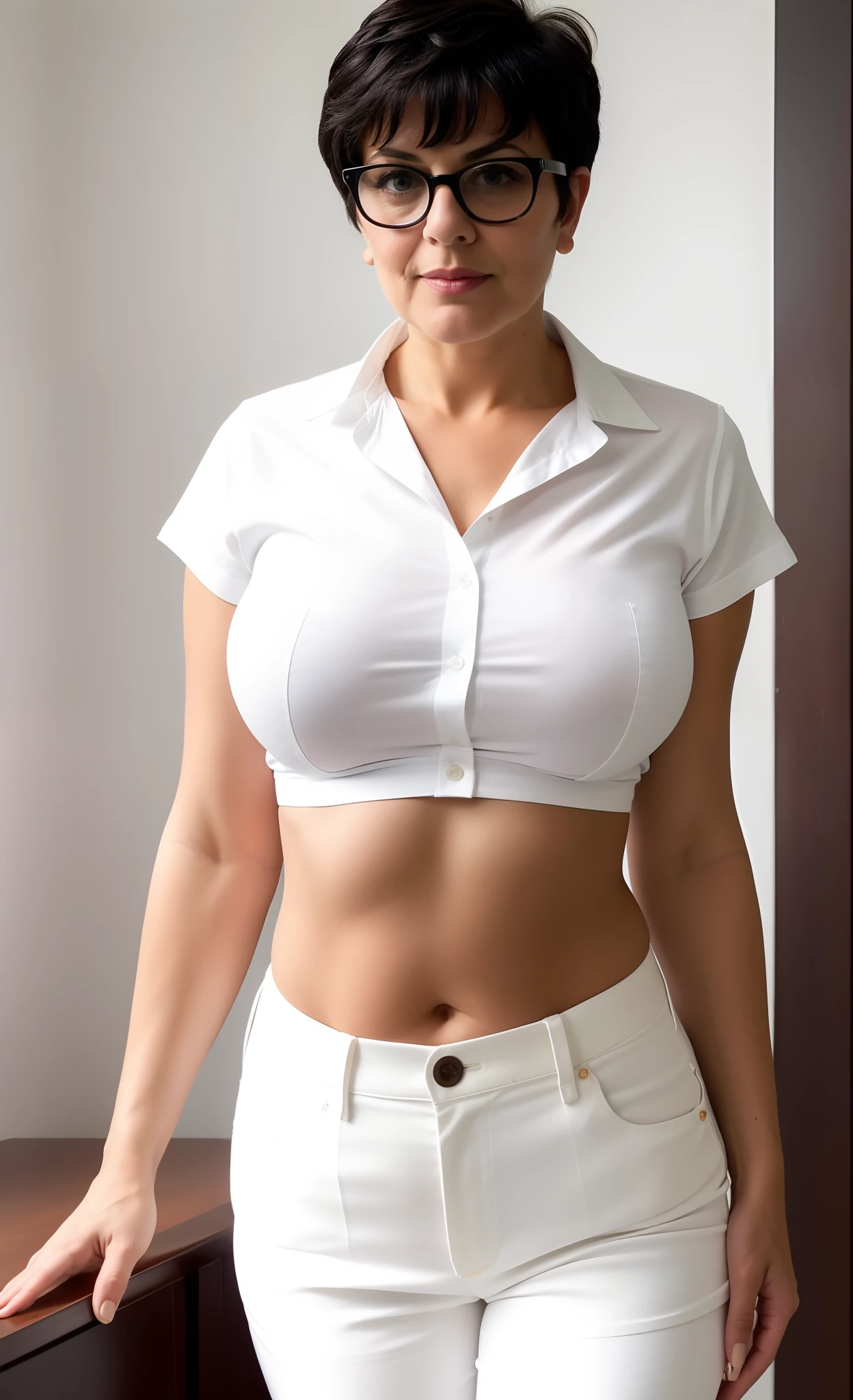 bespectacled elderly older mature master cheeky female brazenly in unbuttoned cleavaged midriff-shirt, deep unglued V-neck, V-chest cleavage, overly low rise sailor pants, very short shaved black mature woman haircut, deep and drop-shaped big navel!