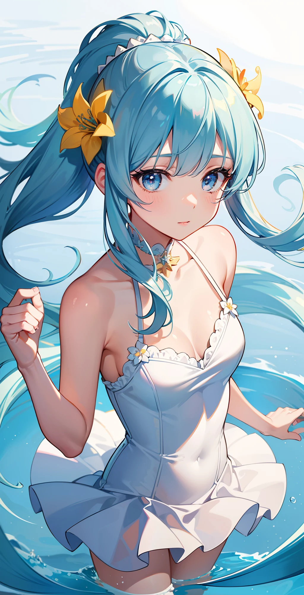 (masterpiece), (best quality), (ultra detailed),(disheveled hair),(illustration), (1girl), (Fashionable clothing), standing, Fashion model, looking at viewer, (interview), (simple background),beautiful detailed eyes, delicate beautiful face, Floating,(high saturation),(colorful splashes),colorful bubble,(shining), focus on face, ponytail, kamisato ayaka, light blue hair, bangs, hair ring, floating flowers, floating hairs, (shining), best lighting, best shadow,masterpiece, top quality, best quality, swimsuit party, in the water,fish,watermelon,cute style, perfect structure, summer theme