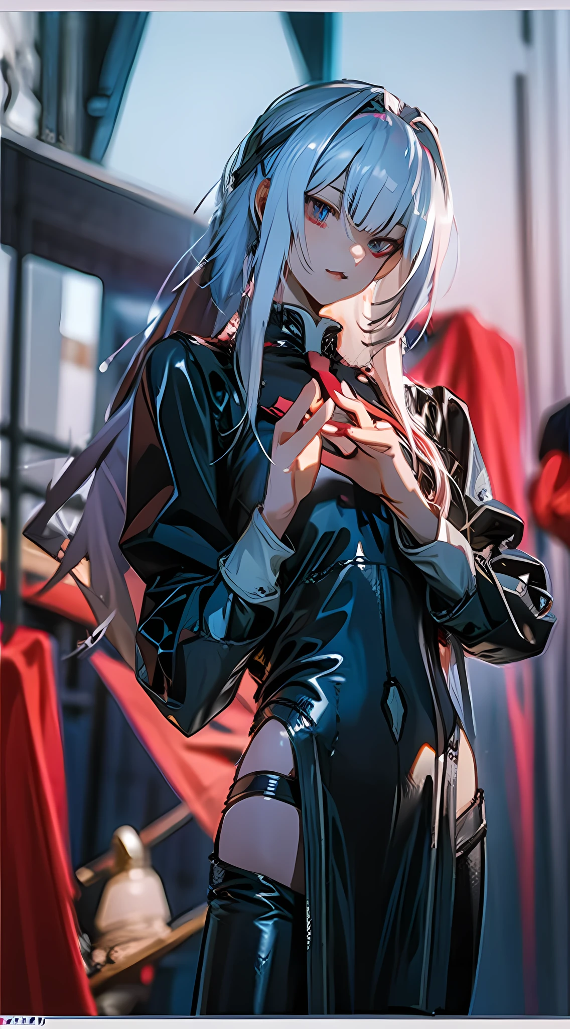 valorant, agent, jett, 1girl, white silverish hair, ponytail, hand holding kunai, high res, ultrasharp, 8k, masterpiece:1.2, detailed eyes, intricate background, extremely fine, detailed hand, less hands error, good hands, good fingers, best hands, best fingers,