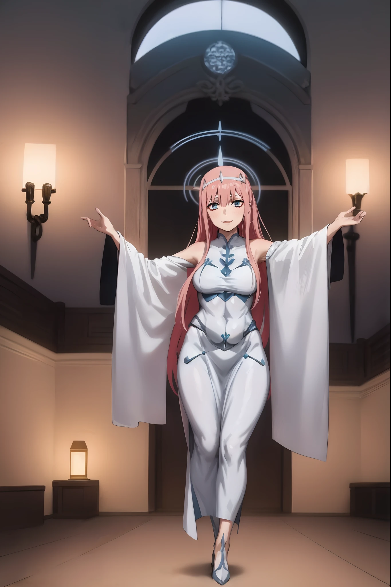 Zero Two, dress, sun halo, holy, smile, medium breast, priestess, full body, walking, divine aura, sun halo, solar halo, long skirt, porcelain skin, ethereal, graceful movement, flowing golden hair, radiant beauty, enchanting gaze, serene expression, soft sunlight, angelic presence, celestial atmosphere, mystical background, celestial light, glowing halo, gentle breeze, ethereal glow, captivating aura, divine radiance, natural beauty, sublime elegance, heavenly charm, peaceful countenance, harmonious surroundings, ethereal grace, mesmerizing presence, transcendent allure, magical serenity, serene and majestic, radiant happiness, heavenly enchantment, delicate features, elegant posture, celestial maiden, otherworldly presence, serene and ethereal, divine embodiment, celestial being, spiritual tranquility, mesmerizing beauty, ethereal goddess, radiant purity. Preparing SeaArt Bot Txt2Img Default 21:19:45, green eyes, white robe, large skirt, long skirt, longeyelashes, solid circle eyes, light smile, ear blush, fang, Surrealism, drop shadow, anaglyph, stereogram, tachi-e, pov, atmospheric perspective, 8k, super detail, ccurate, best quality, best quality, high quality, super detail, anatomically correct, retina, UHD, masterpiece, high details, award winning, highres, textured skin, ccurate, venus body,medieval clothing, dark atmosphere, ornate details, dim lighting, dramatic shadows, mysterious aura, intricate lace patterns, porcelain skin, bewitching gaze, elegant posture, majestic presence, flowing silhouette, gothic architecture, candlelit hauntingly beautiful, enchanting presence, ethereal ambiance, alluring expression, intense sensuality, exquisite jewelry, supernatural allure, captivating aura, sensual curves, full body, boots, happy, smile, boots, standing pose, black cape