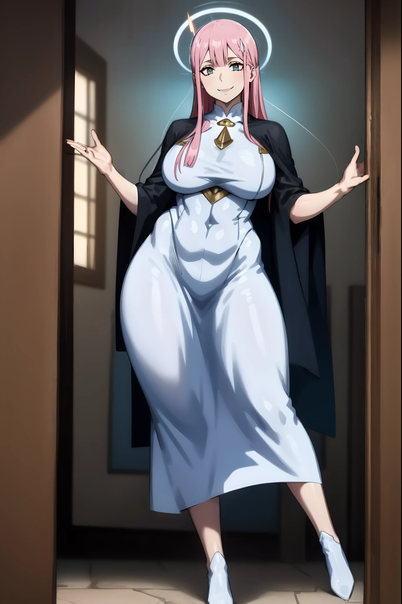 Zero Two, dress, sun halo, holy, smile, medium breast, priestess, full body, walking, divine aura, sun halo, solar halo, long skirt, porcelain skin, ethereal, graceful movement, flowing golden hair, radiant beauty, enchanting gaze, serene expression, soft sunlight, angelic presence, celestial atmosphere, mystical background, celestial light, glowing halo, gentle breeze, ethereal glow, captivating aura, divine radiance, natural beauty, sublime elegance, heavenly charm, peaceful countenance, harmonious surroundings, ethereal grace, mesmerizing presence, transcendent allure, magical serenity, serene and majestic, radiant happiness, heavenly enchantment, delicate features, elegant posture, celestial maiden, otherworldly presence, serene and ethereal, divine embodiment, celestial being, spiritual tranquility, mesmerizing beauty, ethereal goddess, radiant purity. Preparing SeaArt Bot Txt2Img Default 21:19:45, green eyes, white robe, large skirt, long skirt, longeyelashes, solid circle eyes, light smile, ear blush, fang, Surrealism, drop shadow, anaglyph, stereogram, tachi-e, pov, atmospheric perspective, 8k, super detail, ccurate, best quality, best quality, high quality, super detail, anatomically correct, retina, UHD, masterpiece, high details, award winning, highres, textured skin, ccurate, venus body,medieval clothing, dark atmosphere, ornate details, dim lighting, dramatic shadows, mysterious aura, intricate lace patterns, porcelain skin, bewitching gaze, elegant posture, majestic presence, flowing silhouette, gothic architecture, candlelit hauntingly beautiful, enchanting presence, ethereal ambiance, alluring expression, intense sensuality, exquisite jewelry, supernatural allure, captivating aura, sensual curves, full body, boots, happy, smile, boots, standing pose, black cape