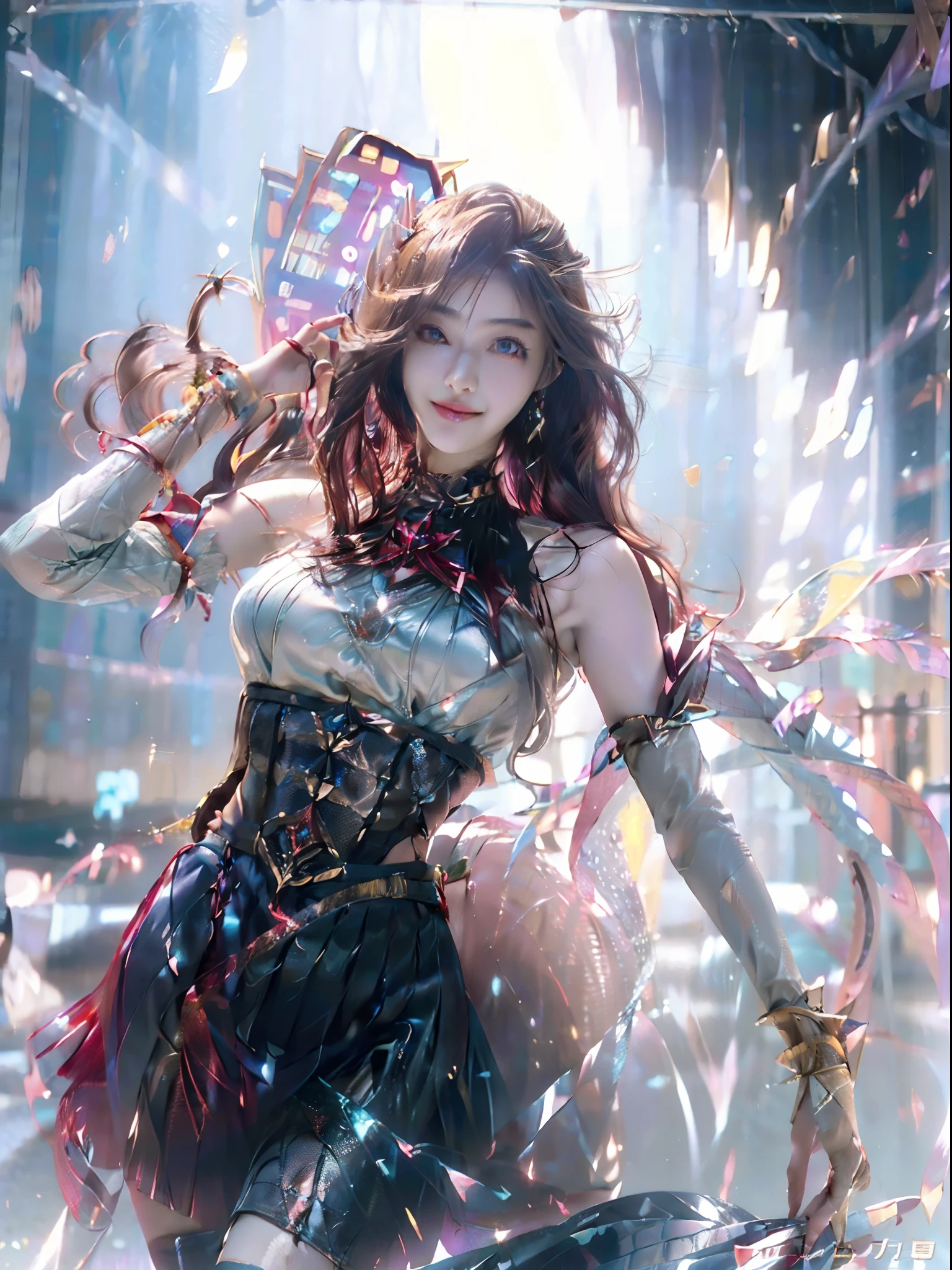 ((16k,Raw photography,top-quality,hight resolution,Ray tracing,PBR Texture,Post-processing,)),(((Red leather bondage skirt, Cute Japan anime girl:2.0,evangerion,Soryu Asuka Langley,long wavy brown hair,Big breasts that emphasize cleavage:2.0,bare hand,Thin leg,blue eyess,complete5Depiction of the finger,Elaborate limb representation,Limbs are2One,Fingers in total5Portrayed in books,A beautiful woman with perfect body)))(finerly detailed face:1.5),(masterpiece:1.5),(top-quality:1.5), Beautiful fine skin,(Complex fishnet stockings),pin heels,Leather luster :3.0,Beautiful skin,(Black corset,Red Body Conlong),((tthin eyebrows,long eyelashes,smil,二重まぶた,)),No title required,Do not wear anything on your shoulders,Create beautiful light effects on the background、Light Particle Filter,Girl fighting in town,(finerly detailed face:1.4),(masterpiece:1.4),(top-quality:1.4), Beautiful fine skin,(Complex fishnet stockings),pin heels,Leather luster 3.0,Beautiful skin,(The leather corsets),((tthin eyebrows,long eyelashes,smil,二重まぶた,Glossy lips)),No title required,Do not wear anything on your shoulders,Bold figure,Staring from the front,Create beautiful light effects on the background、Light Particle Filter,Show off your beautiful legs while strolling around the city,Trends on pixiv,Mystical aura,Illuminati style,