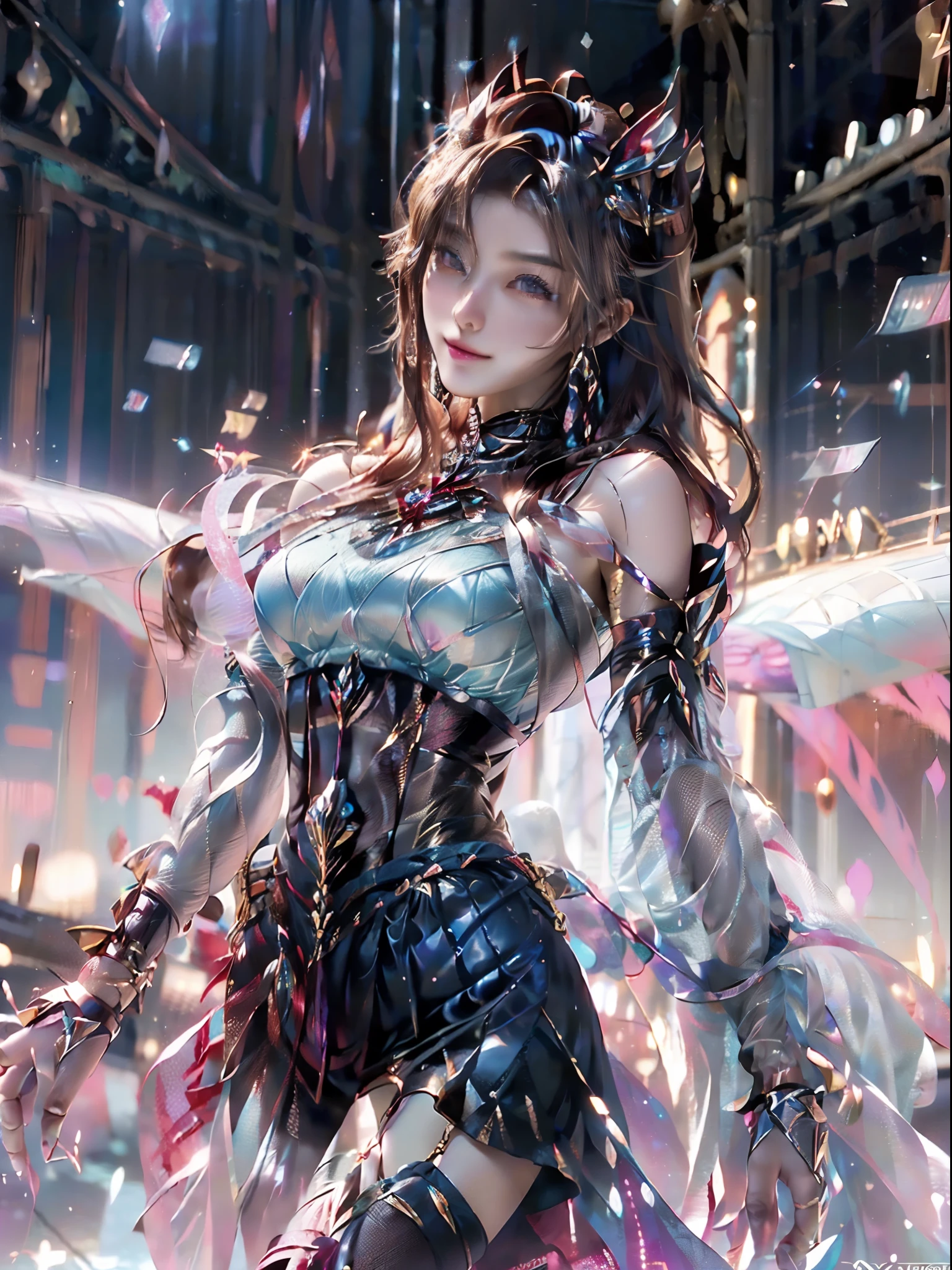((16ｋ,Raw photography,top-quality,hight resolution,Ray tracing,PBR Texture,Post-processing,)),(((Red leather bondage skirt, Cute Japan anime girl:2.0,evangerion,Soryu Asuka Langley,long wavy brown hair,Big breasts that emphasize cleavage：2.0,bare hand,Thin leg,blue eyess,complete５Depiction of the finger,Elaborate limb representation,Limbs are２One,Fingers in total５Portrayed in books,A beautiful woman with perfect body)))(finerly detailed face:1.5),(​masterpiece:1.5),(top-quality:1.5), Beautiful fine skin,(Complex fishnet stockings),pin heels,Leather luster :3.0,Beautiful skin,(Black corset,Red Body Conlong),((tthin eyebrows,long eyelashes,smil,二重まぶた,)),No title required,Do not wear anything on your shoulders,Create beautiful light effects on the background、Light Particle Filter,Girl fighting in town,(finerly detailed face:1.4),(​masterpiece:1.4),(top-quality:1.4), Beautiful fine skin,(Complex fishnet stockings),pin heels,Leather luster 3.0,Beautiful skin,(The leather corsets),((tthin eyebrows,long eyelashes,smil,二重まぶた,Glossy lips)),No title required,Do not wear anything on your shoulders,Bold figure,Staring from the front,Create beautiful light effects on the background、Light Particle Filter,Show off your beautiful legs while strolling around the city,Trends on pixiv,Mystical aura,Illuminati style,