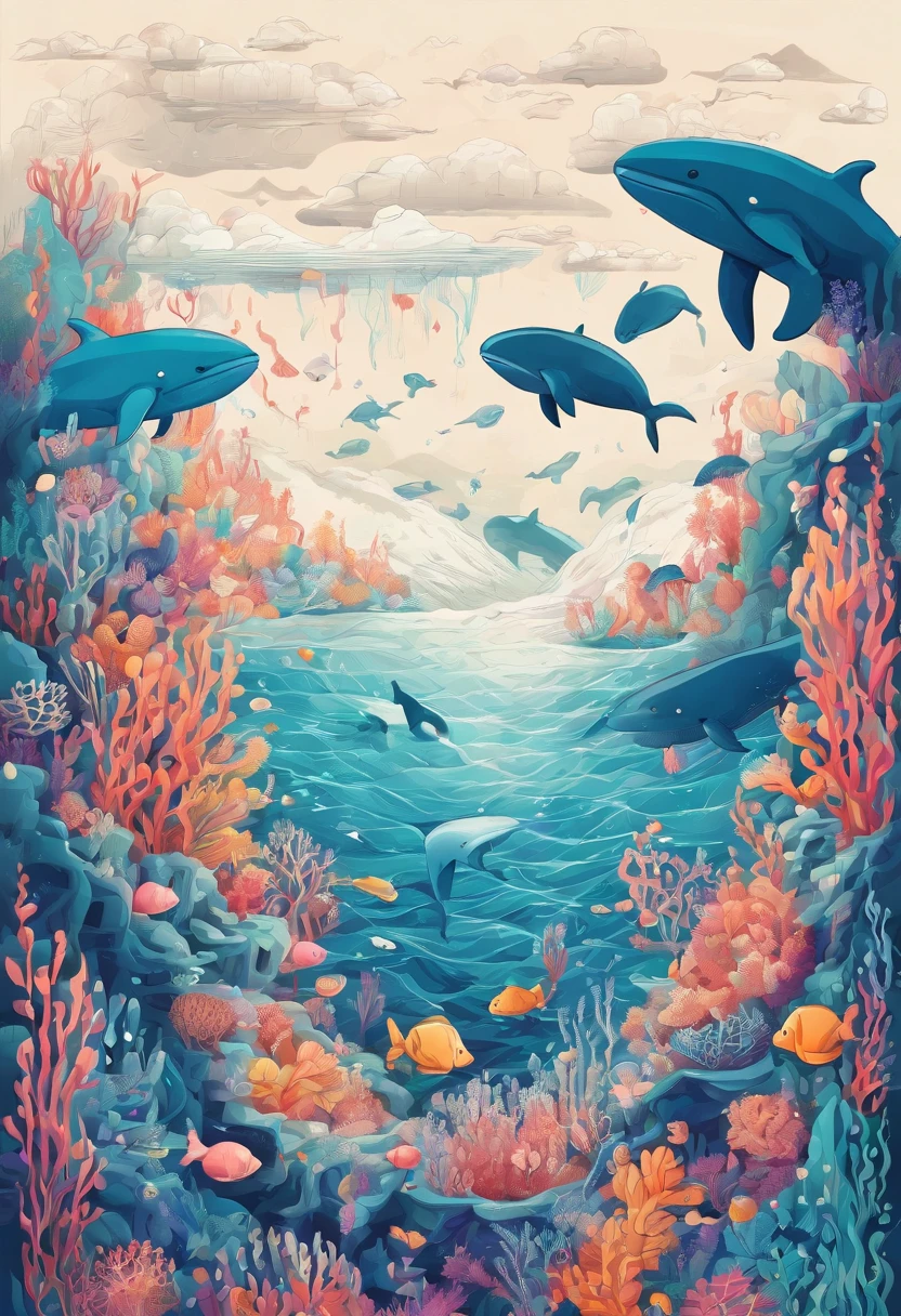 An ocean with whales and jellyfish