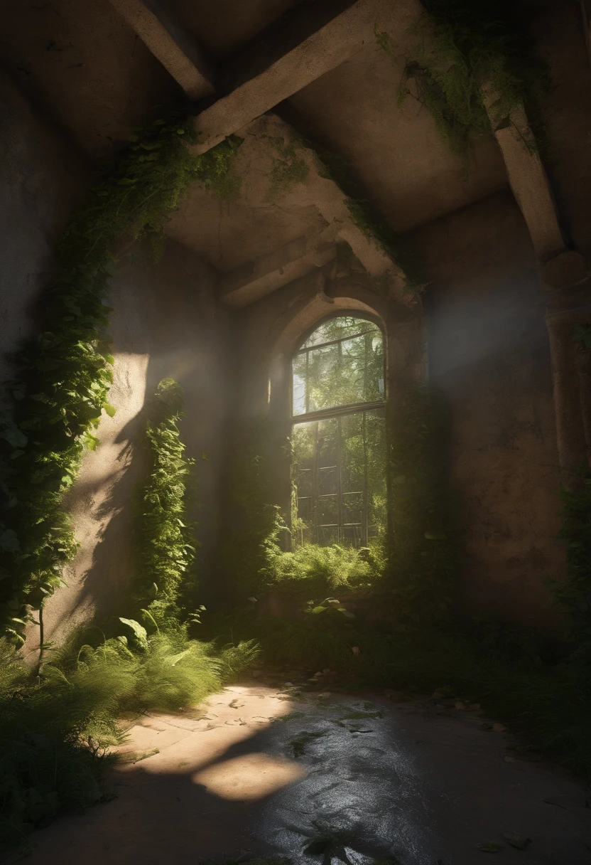 Overgrown Ruined Prison cell, grass, creeping plants, trees, bright sun, Ray tracing, unreal engine, photo realistic, wind, broken walls, rubble, birds