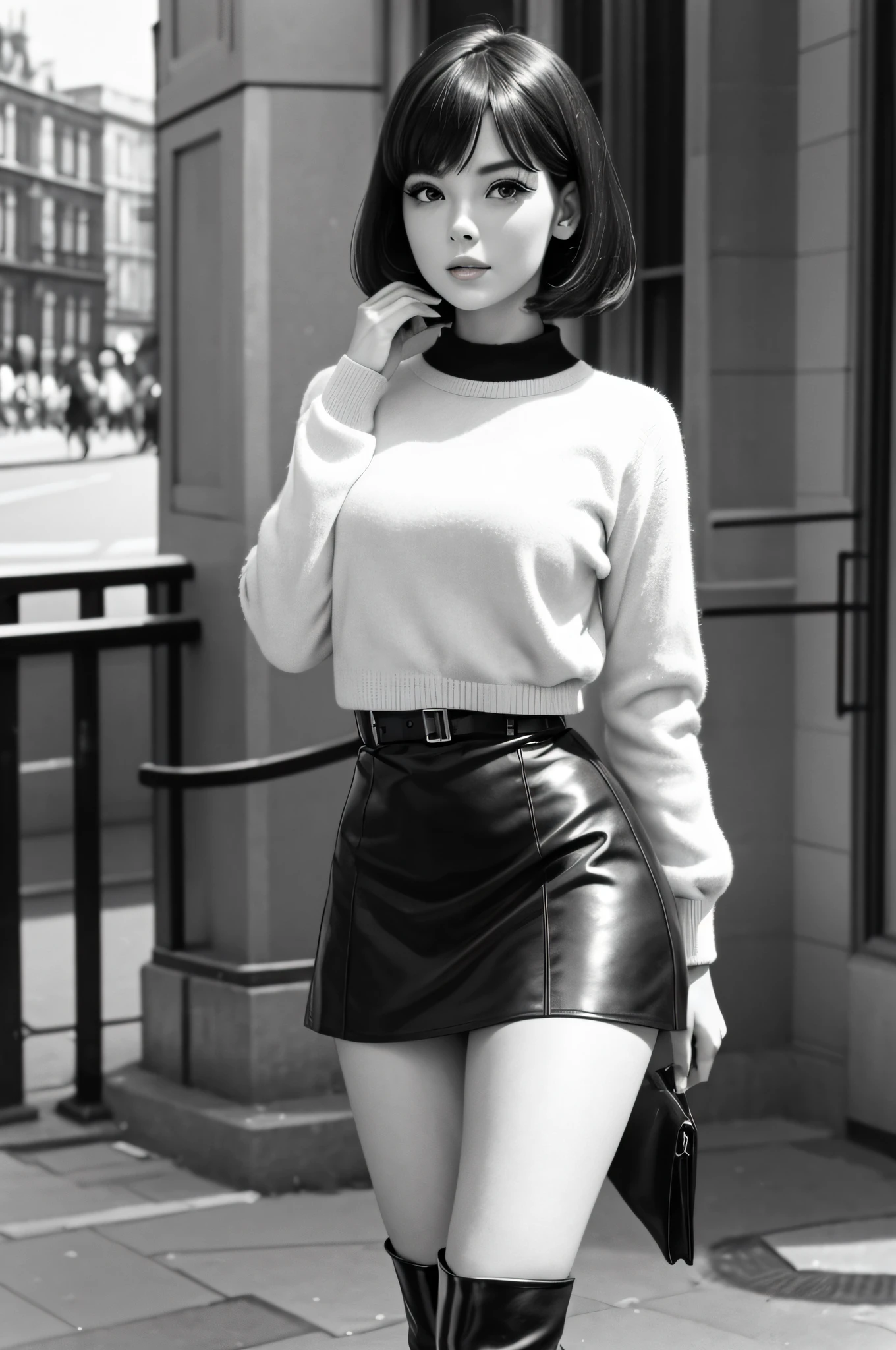 dynamic angle, dynamic shot, perfect face, absolutely beautiful young woman, 1960's, London, gogo boots, mini skirt