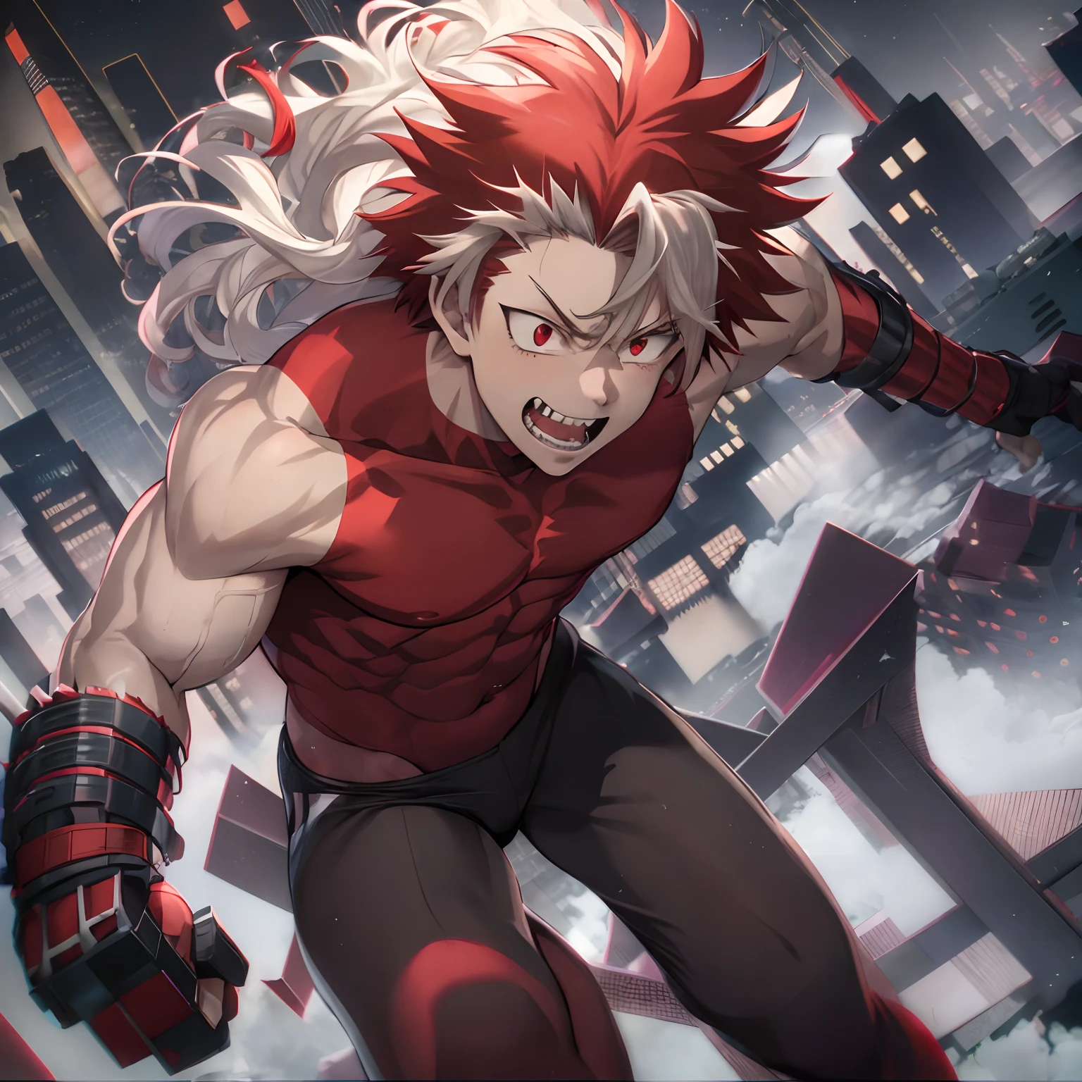 horikoshi kouhei, 1boy, absurdres, bare shoulders, red and white hair, Cityscape background, boku no hero academia, chama kou, highres, male focus, muscular, muscular male, gritted teeth, red eyes, long hair, Fluffy hair, sleeveless,
