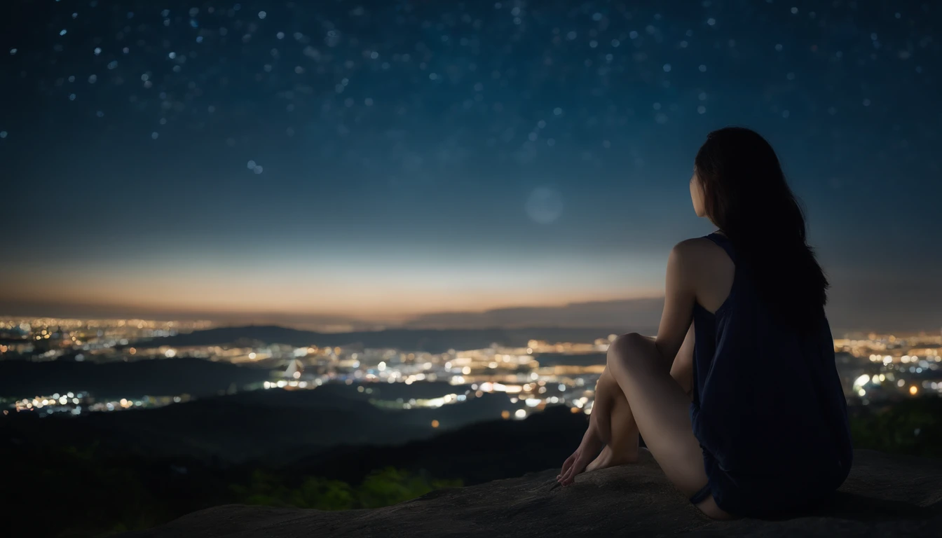 Pitch Black Sky、Very beautiful star々、ultra res、８K、,Japan beautiful girl looking at the night sky is very small and backwards、The girl is depicted from afar、Facing backwards、Sitting on a hill、It's pitch black around、Ultra-realistic video、Extraordinary beauty、Most images are in the sky、The girl looks very small、The most beautiful woman in the world、night sky full of stars、