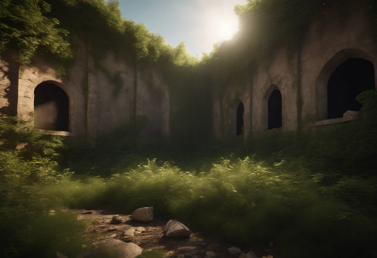 Overgrown Ruined Prison cell, grass, creeping plants, trees, bright sun, Ray tracing, unreal engine, photo realistic, wind, broken walls, rubble, birds