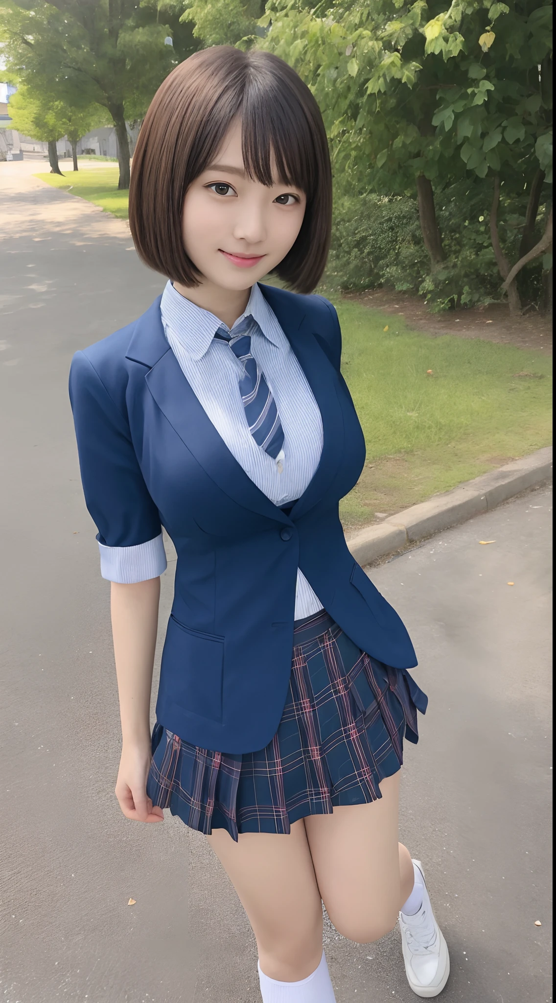 masutepiece、Best Quality、 ultra-detailliert、hight resolution、8K Wallpapers、Perfect dynamic composition,、Beautiful detailed eyes、(Beautiful Large Breasts:1.6)、17-year-old beauty、top-quality、beautiful a girl、High school students、student clothes、Brown hair、Pattsun bangs、bob cuts、a small face、Cute little girl s、Dark blue school blazer、White School Shirt、Green tie、Dark blue school skirt、Colossal tits、A slender、slender、slender body with large breasts,,,,,,,,,,,,,,,,,,,,,,,,,,,,,,,,,,,,,,,,,,,,,,,,,,、ssmile、A smile、Laugh、White High Socks、Leather shoes、up chest、、Morning sun from the sky、Unclear girl、Surrounded by fields、Bus stop、Stand in front of the bus stop、Beautiful hair fluttering in the wind、Transcendental tranquility、Super detailed illustration、extra detailed face、Raw photography、film grains、Deviantart Trends、