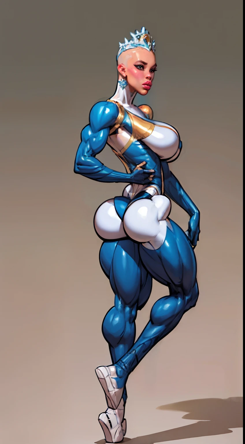 ((Radiant Aura:1.7)), 8k ((back view:1.0))((gigantic thighs:1.8)) (gigantic ass:1.6),(large eyes:1.3), defined cheekbones, ((looking back:1.4)), ((the pit style:1.4))((ballerina:1.6)) ((bodysuit:1.4)), ((tiara))((intricate details:1.4))detailed face:1.5), blue skin,(puffy lips:1.5) (blue skin:1.6), (bald woman:1.7), (skinhead) ((sexy pose)),(Muscular:1.3), (((gigantic breasts:1.6))), )highly detailed, majestic, digital photography, art by artgerm and ruan jia and greg rutkowski, ((metal shoulder pads:1.2)), (masterpiece), sidelighting, intricate details, black and blue color palette, blue legs, blue ass, white upper body