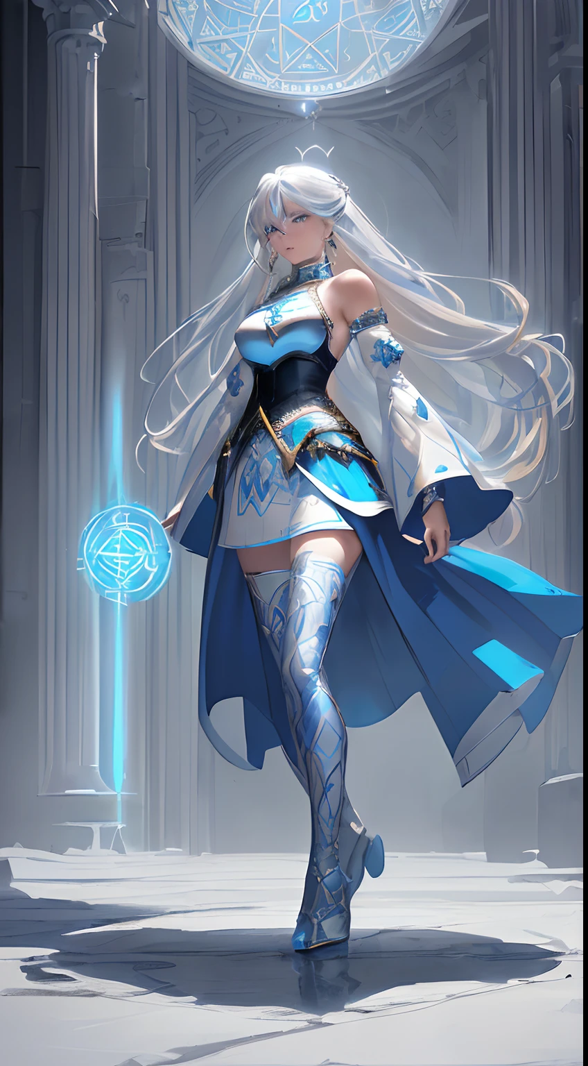 (Masterpiece Digital Artwork:0.9) of (Masterpiece:0.9), (grainy:0.6), CGSociety, ArtStation, CG style, official art, (((8K ultra high quality, portrait, front view, full body))), one girl, she is a battle mage, (((blue-streaked white hair))), long hair, (((she wears a blue-colored knight lady attire, minimalist armor))), (((knight lady attire))), (((she wears a patterned white latex detached sleeves, her shoulders are exposed))), she wears ornamental gold bracelets, (((she wears a breastplate made of iron))), her blue outfit is long, ((she wears a white skirt)), she wears a pair of white-patterned black stockings, (((she is invoking a magic circle on her palm))), (((looking at viewers))), (((BARE SHOULDERS))), she is standing outdoor