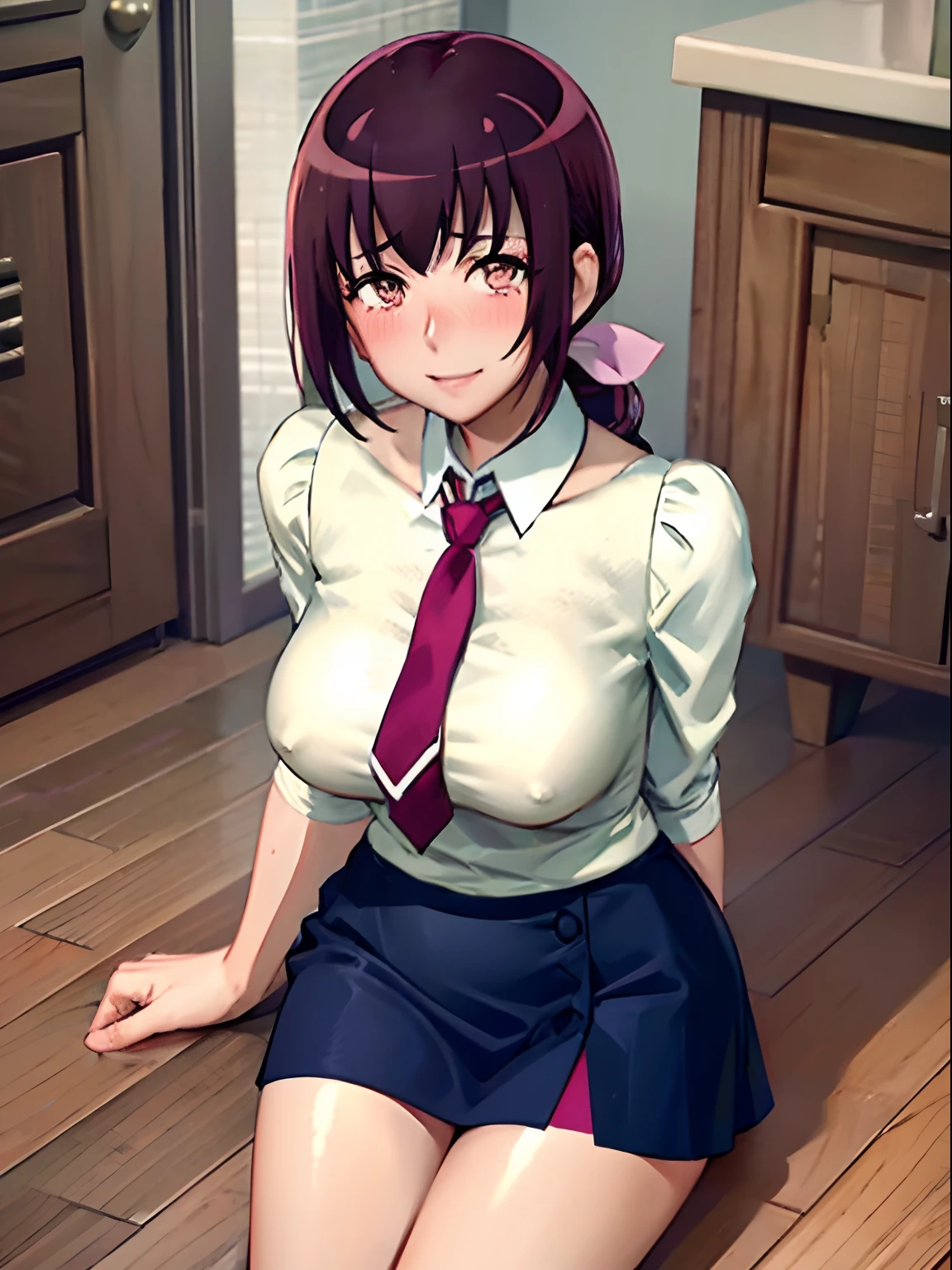 masutepiece、​masterpiece、top-quality、Beautuful Women、Extraordinary beauty、White shirt、Short pleated skirt、Crab crotch pose、panthyhose、neck tie、Colossal tits、teats、short-cut、A dark-haired、Nasty smile、beauty legs、1人の女性、full of sweat、red blush、Wearing my daughter's uniform、Rotor in the crotch