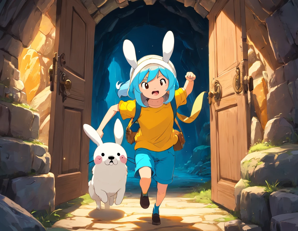 (adventure time), (best quality,4k,highres), (realistic:1.37), (anime:1.1), (detailed:1.1), (vivid colors), (fantasy), (cave:1.1), (door), (white), (boy), (blue hair), (with rabbit ears), (yellow cold blouse), (caramel-colored dog), (large eyes), (gorgeous), (illustration), (mystery), (excitement)