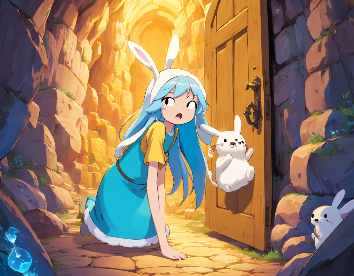 (adventure time), (best quality,4k,highres), (realistic:1.37), (anime:1.1), (detailed:1.1), (vivid colors), (fantasy), (cave:1.1), (door), (white), (boy), (blue hair), (with rabbit ears), (yellow cold blouse), (caramel-colored dog), (large eyes), (gorgeous), (illustration), (mystery), (excitement)