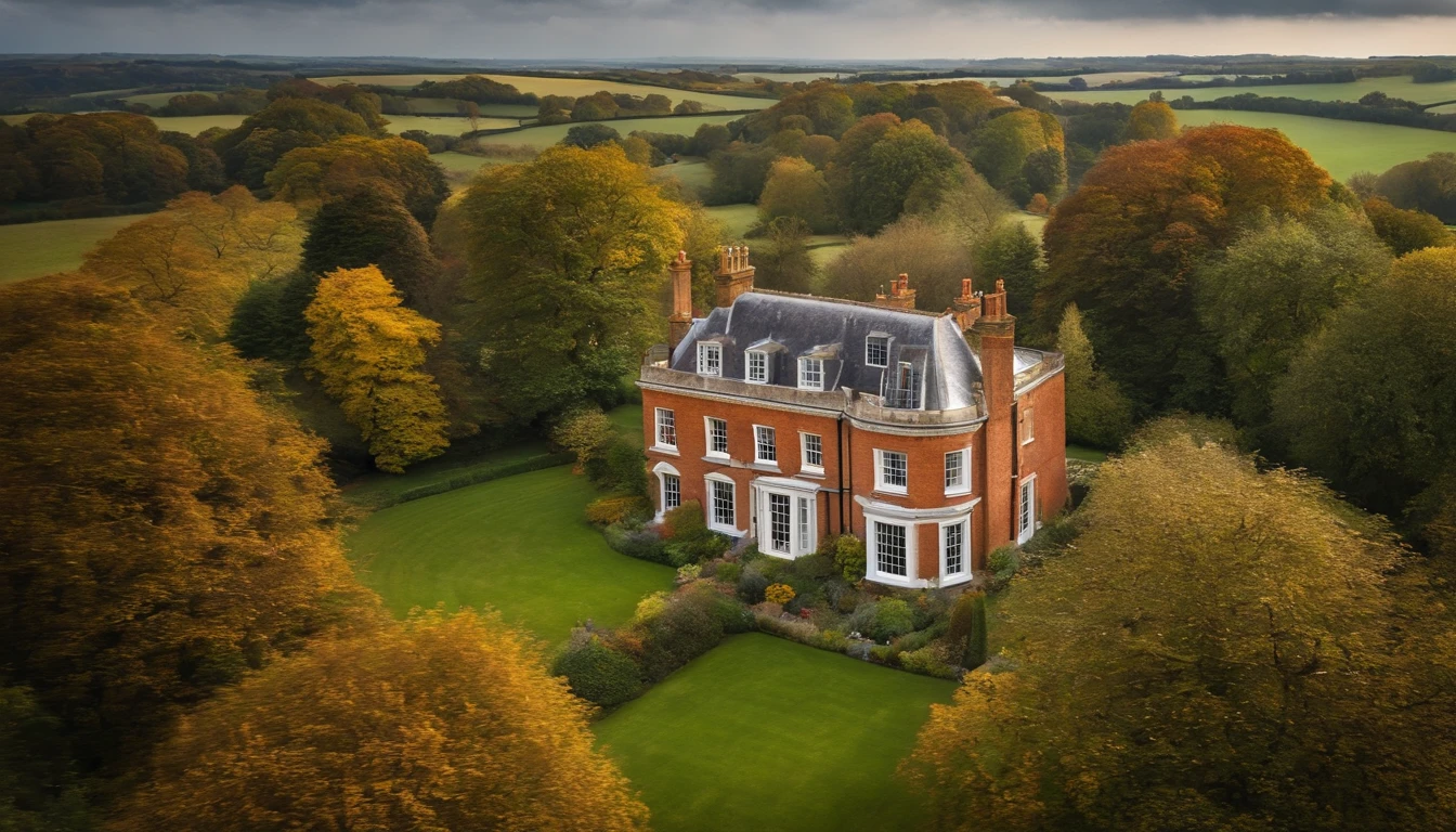 Aerial photograph of a house in the UK,Grande Ben, Londres, rico em detalhes,estilo fotorrealista:Fotograma
