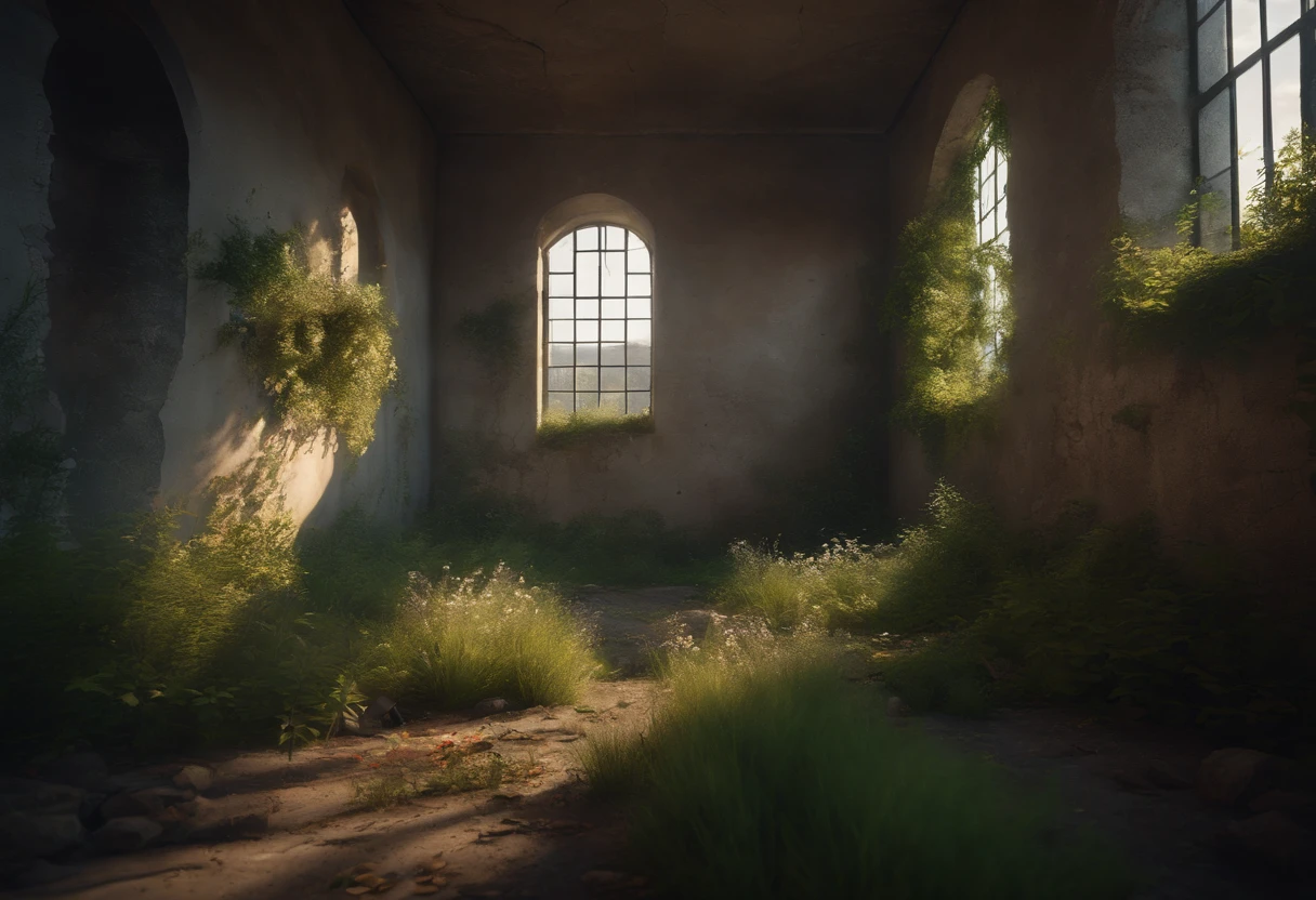 Overgrown Ruined Prison cell, grass, creeping plants, trees, bright sun, Ray tracing, unreal engine, photo realistic, wind, broken walls, rubble, birds, colorful flowers