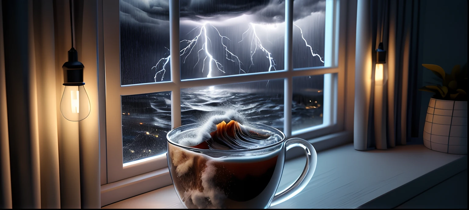 3D rendering of a coffee mug, standing on the windowsill on a stormy day, Coffee splashes in a mug - storm with white foam Thunderstorm outside the window is reflected in coffee, And inside the mug you can see miniature lightning and turbulent waves. The room is dimly lit, which enhances the dramatic atmosphere,There is a cup of coffee on the windowsill, A storm is raging outside the window, during a storm, stormy weather, In a storm, Dark, stormy weather, In a thunderstorm, A storm is raging outside the window, Cold gale force winds, stormy weather, during a thunderstorm, Stunning Gorgeous Composition, Storm Outside, He runs between storms, Stormy weather at night