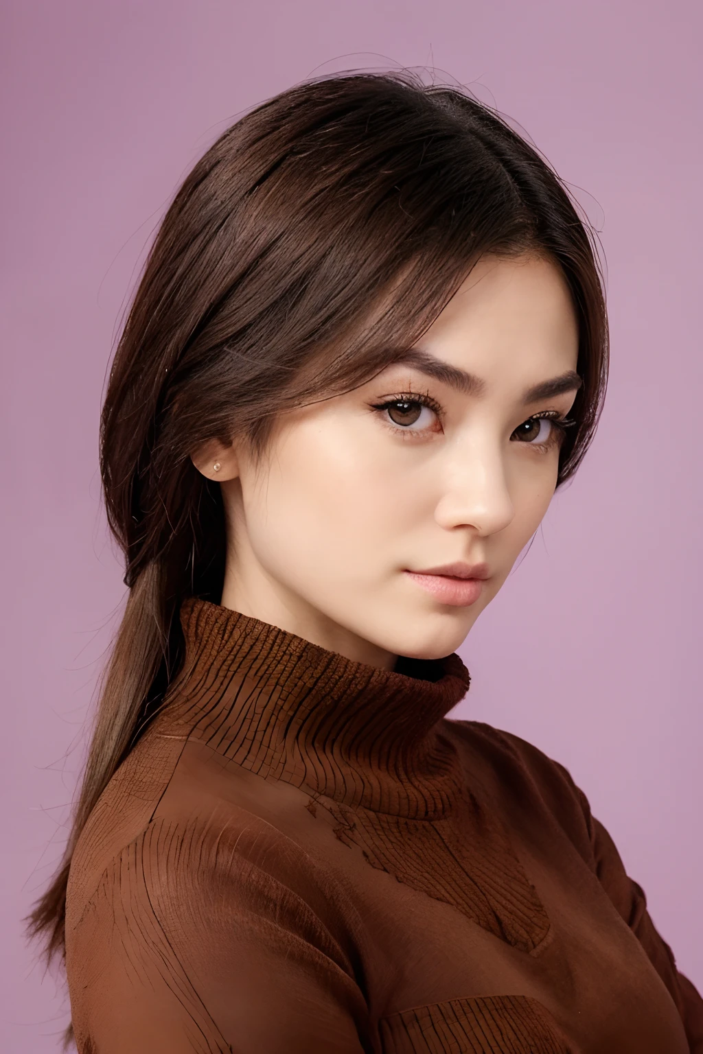Asiatique
25 ans,
visage ovale,
teint clair,
yeux bruns, taille moyenne, Slightly inclined,
direct, serious look,
sourcils fins,
Bouche petite, lips slightly apart,
cheveux bruns, Longueur moyenne, lisse,
Frange droite, Trimmed above the eyebrows,
Pull col rond marron,
manches longues,
Hands clasped at chest height,
court, ongles propres,
Background with geometric patterns of leaves, Tons violets.