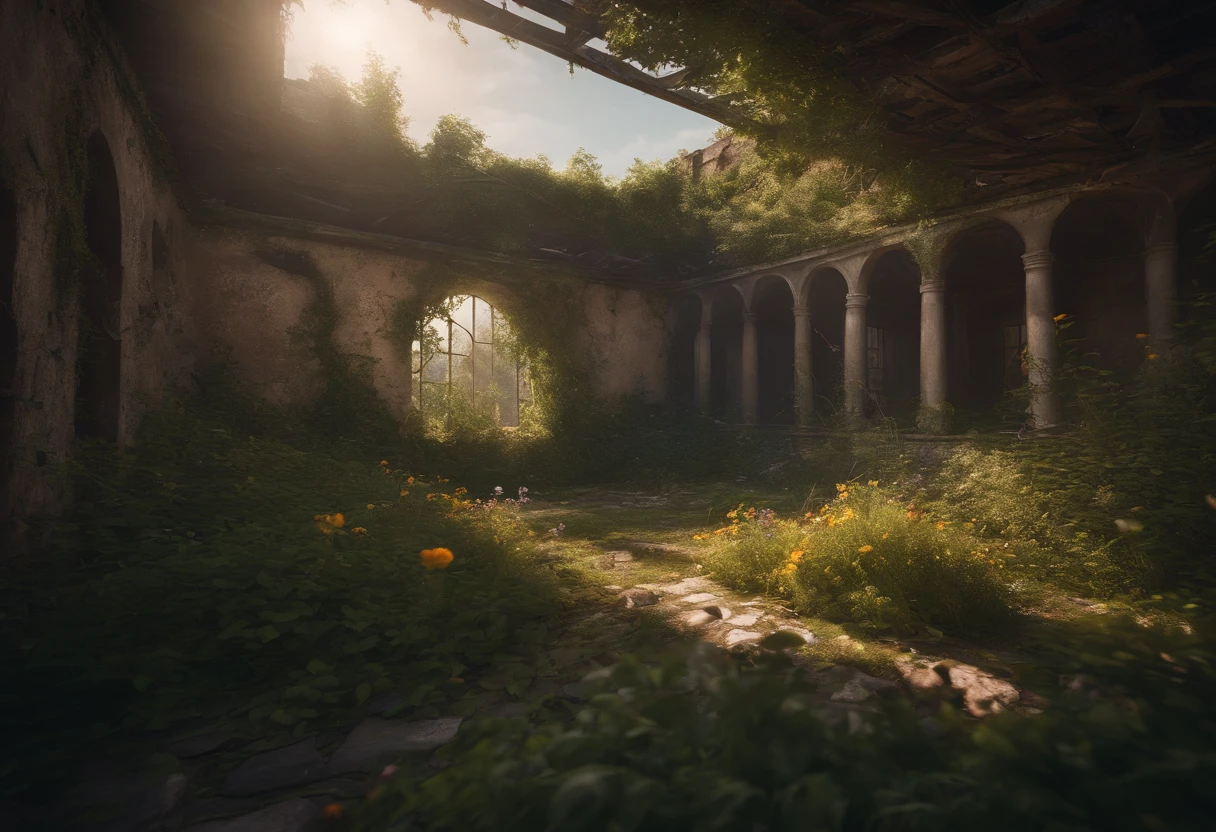 Overgrown Ruined Prison cell, grass, creeping plants, trees, bright sun, Ray tracing, unreal engine, photo realistic, wind, broken walls, rubble, birds, colorful flowers, broken roof