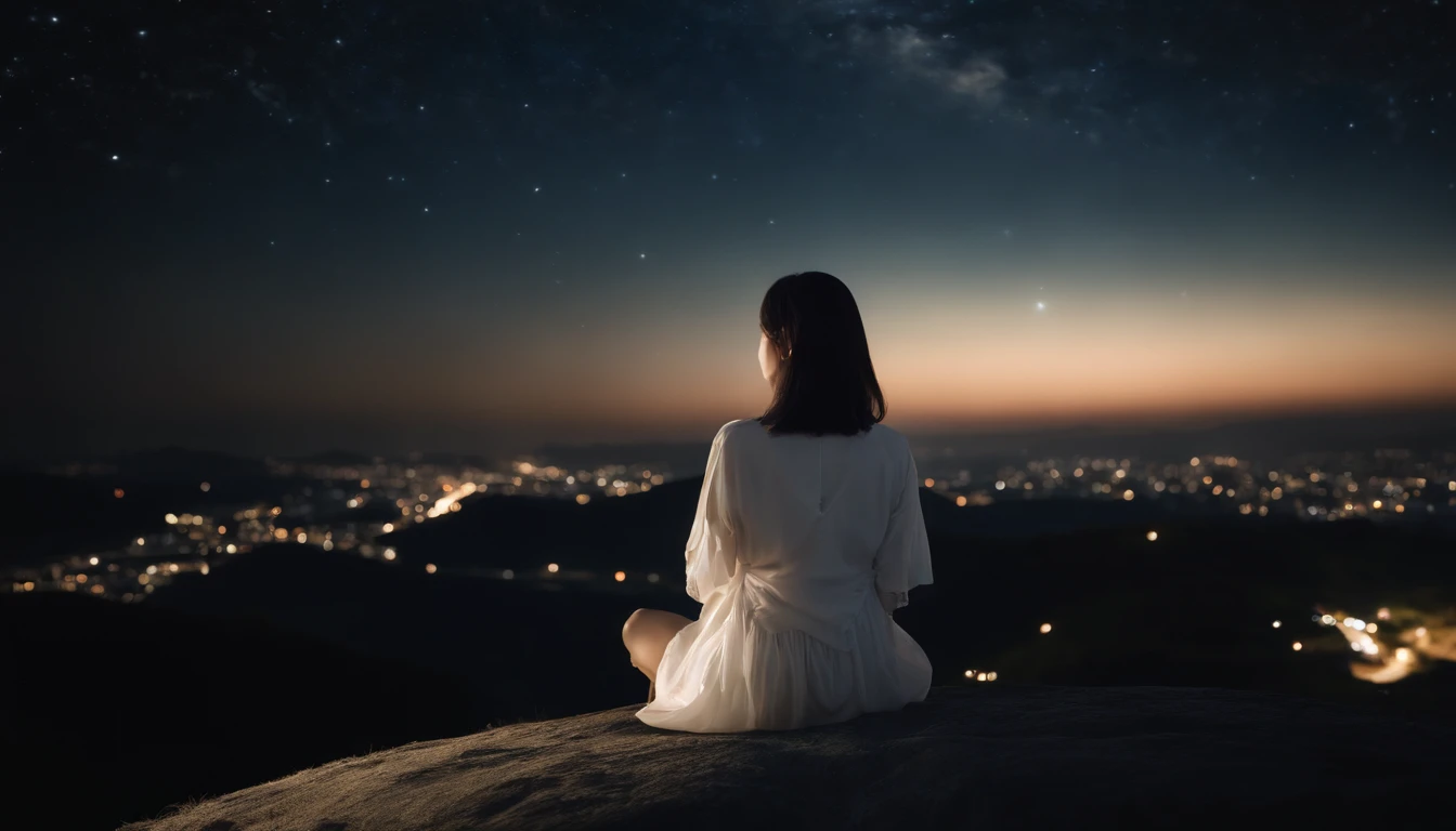 Pitch Black Sky、Very beautiful star々、ultra res、8K、,Japan beautiful girl looking at the night sky is very small and backwards、The girl is depicted from afar、Facing backwards、Sitting on a hill、It's pitch black around、Ultra-realistic video、Most images are in the sky、The girl looks very small、、night sky full of stars、The most beautiful woman in Japan、The stars are shining、Lots of stars、Beauties wear clothes that are less revealing、