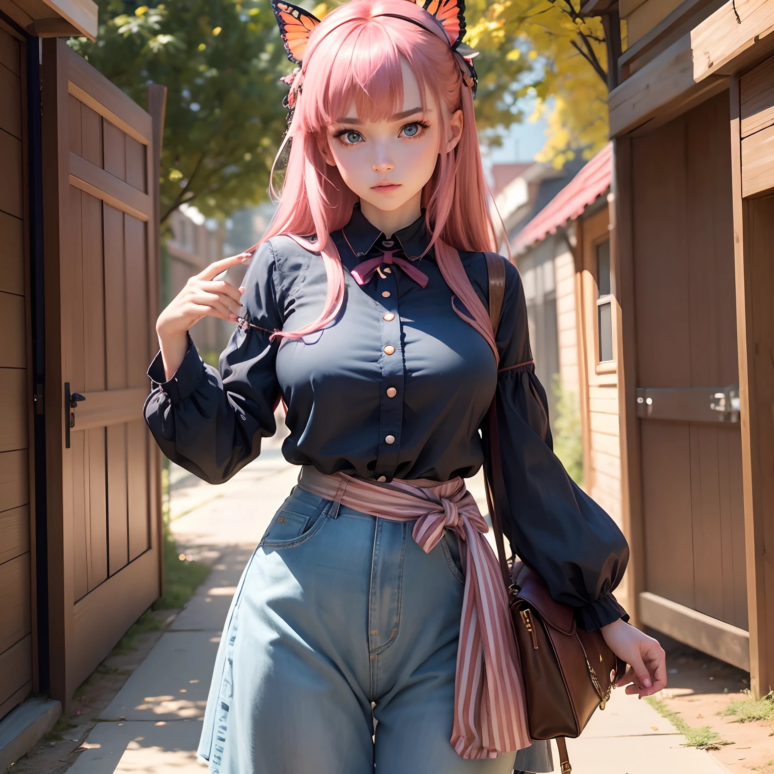 8k, masterpiece, best quality, realistic, higly detailed, cowboy shot, 1girl, solo, Nino, cute, cold-looking girl, waist-length straight hair, square bangs hanging over eyebrows, reddish-pink hair, twin butterfly-shaped ribbons on both sides of head, dark blue eyes, average height, well-endowed figure, large breasts, fashionable girl, various cute accessories, takes care of nails, Autumn Clothes