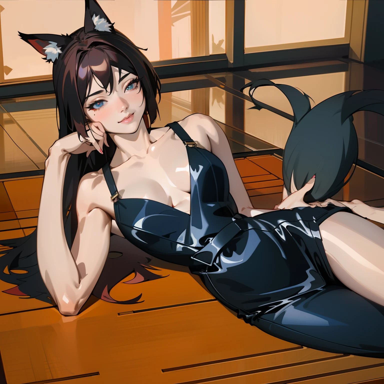 ((beautiful anime eyes with fine detail)), realistic skin, (intricate details), best lighting, depth field, ((ultra high resolution, high res)),{highres}, {{very fine 8KCG wallpapers}}, {{very precise detailed}},((((masterpiece)))), high quality, very_high_resolution, full color,Very delicate and beautiful girl with precision ((vivid and beautiful, shocking sensation, incredibly detailed, realistic)), dark hair, long hair, fox ears, red eyes, naughty smile, medium breasts, plump thighs, sophisticated red kimono, back, (((voluminous fox tail))), andon, ((( sit flat on the floor with one's legs bent backwards))), drawing from behind, old Japanese architecture, drawing outside from inside, Japanese garden, night, garter belt