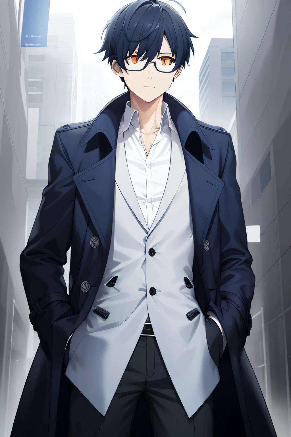 a man, wear blue trench coat , wearing white shirt , orange pupils , glasses , hands in pockets , black short hair , dark blue vest