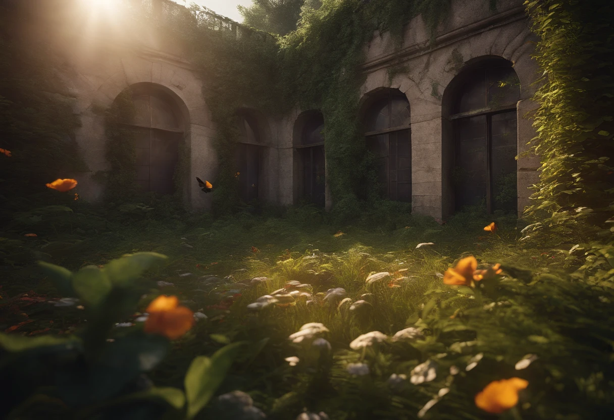 (Overgrown Ruined Prison) cell, grass, creeping plants, (trees breaking building), bright sun, Ray tracing, unreal engine, photo realistic, wind, broken walls, rubble, birds, colorful flowers, broken roof