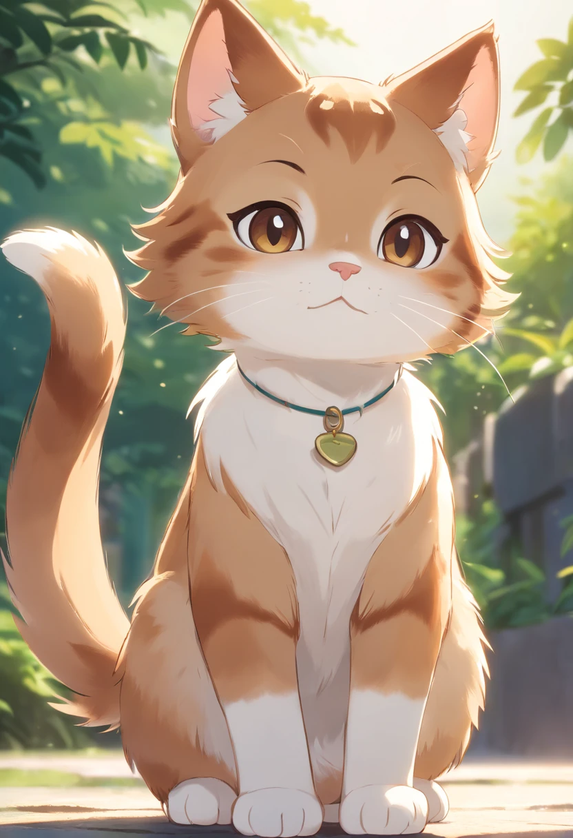 A 2D chibi character of a European light brown cat with white breast with the pose of saying hello