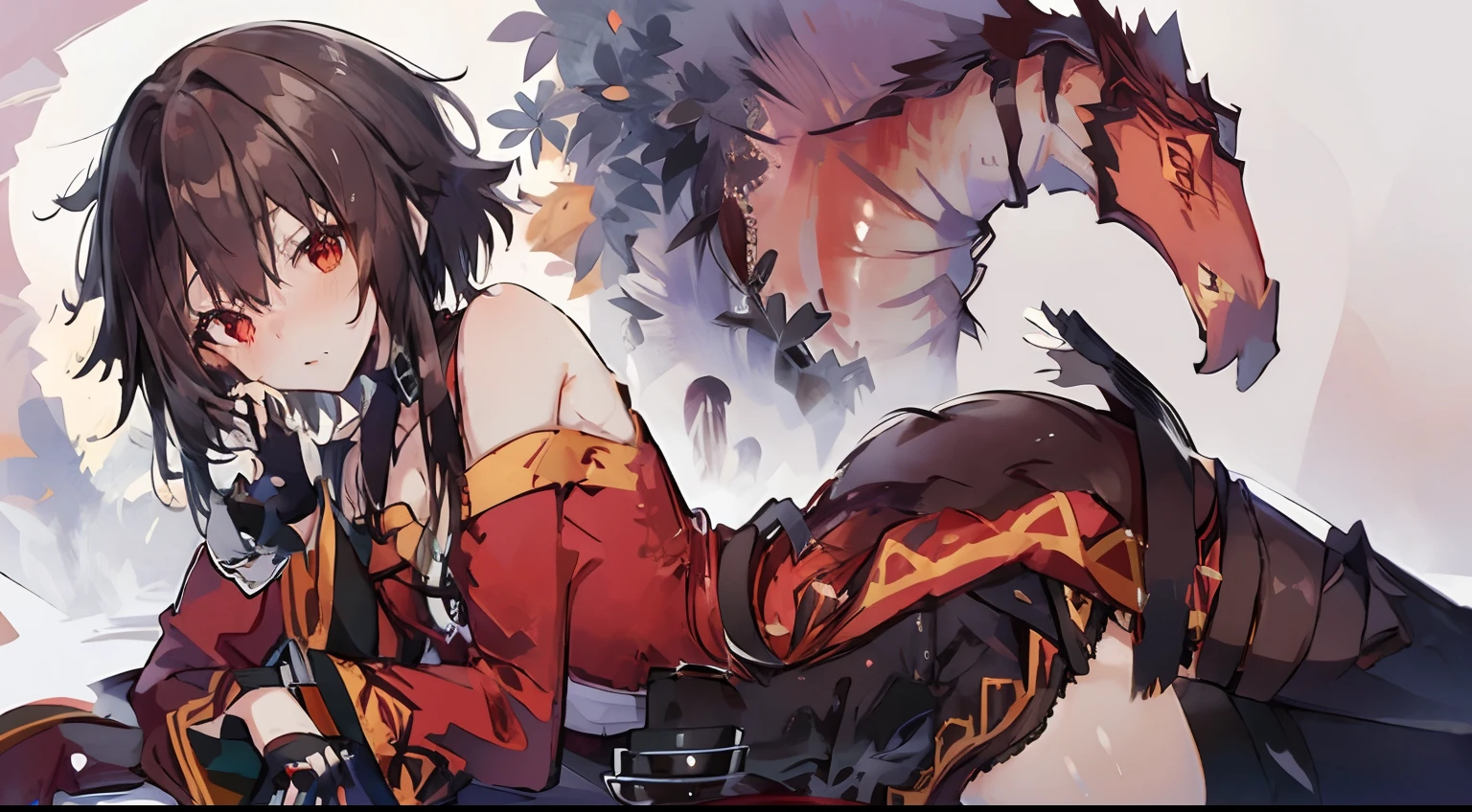 Illustration, UHD, retina, masterpiece, accurate, anatomically correct, super detail, high details, high quality, award winning, best quality, highres, good anatomy, 1080P, HD, 4K, 8k, 16k, 1girl, dynamic pose, androgynous, detailed eyes, detailed clothes, detailed hair, rendering, strands of hair, cute waifu, megumin, brown hair, red eyes, collar bone showing, detached sleeves, black fingerless gloves, micro skirt, bare legs