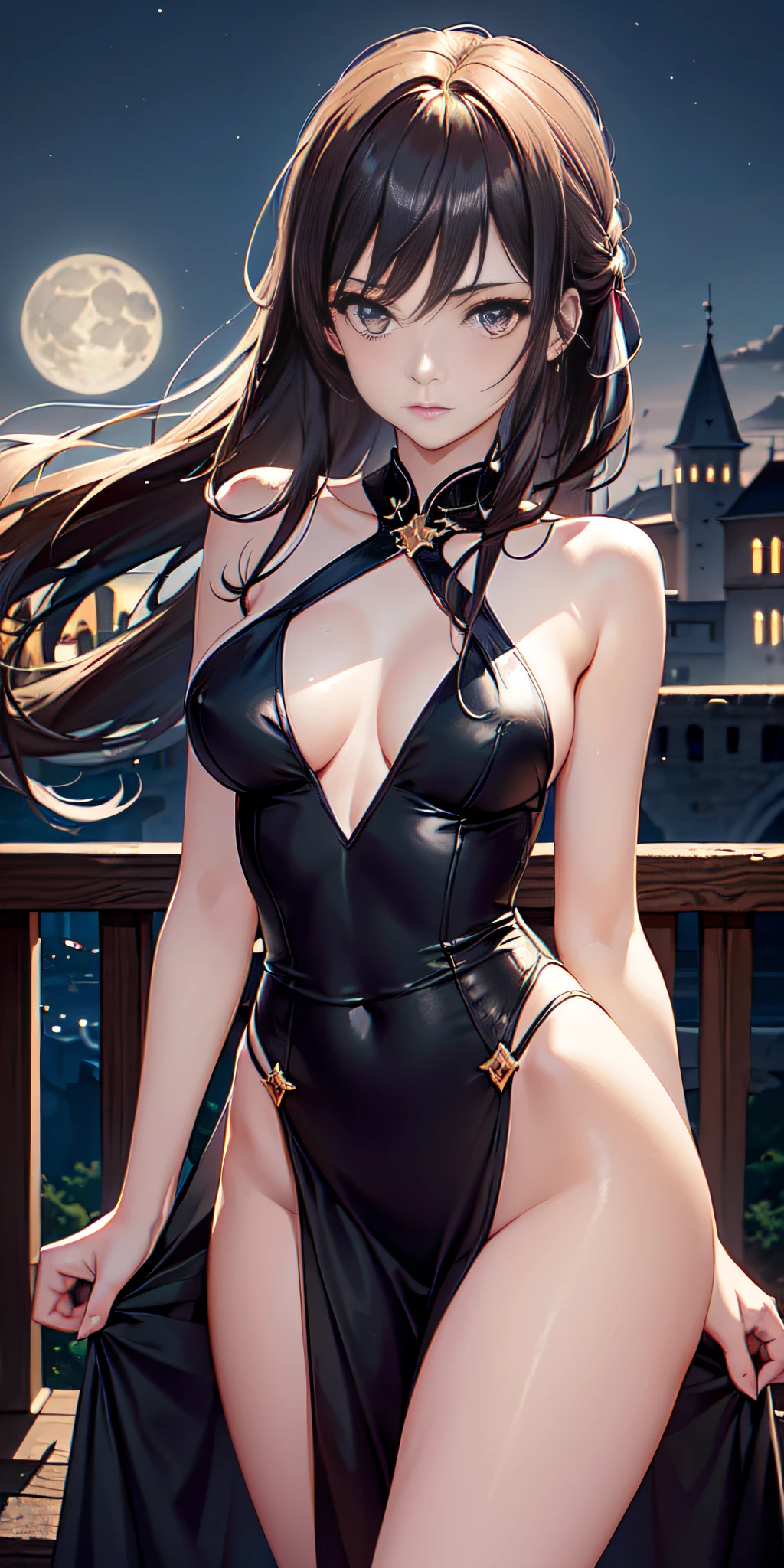 Cowboy Shot, ((Masterpiece)),Best Quality,(Dreamy atmosphere with dim lighting), (Only 1 woman), (Hungarian woman with slim and perfect body and 19 years old), (Mysterious expression and elegant poses) , (Hair loose on shoulders, big eyes), ((15% evening dress: (magical low-cut, with bare hips, thigh and leg, Delicate details))), Intricate details, ((dark night)), Night pleasant on the balcony of a castle and a splendorous moon, Lunar illumination