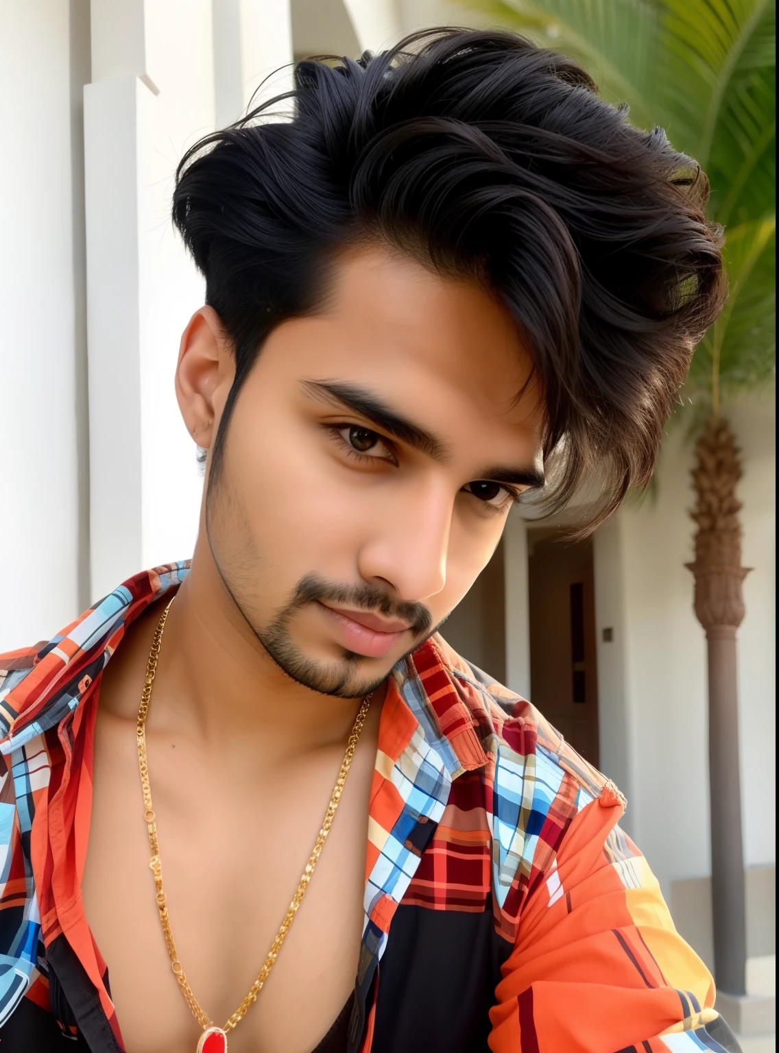 Cute Selfie, 20 years old man, indian, handsome look, stylish black hair, neckless