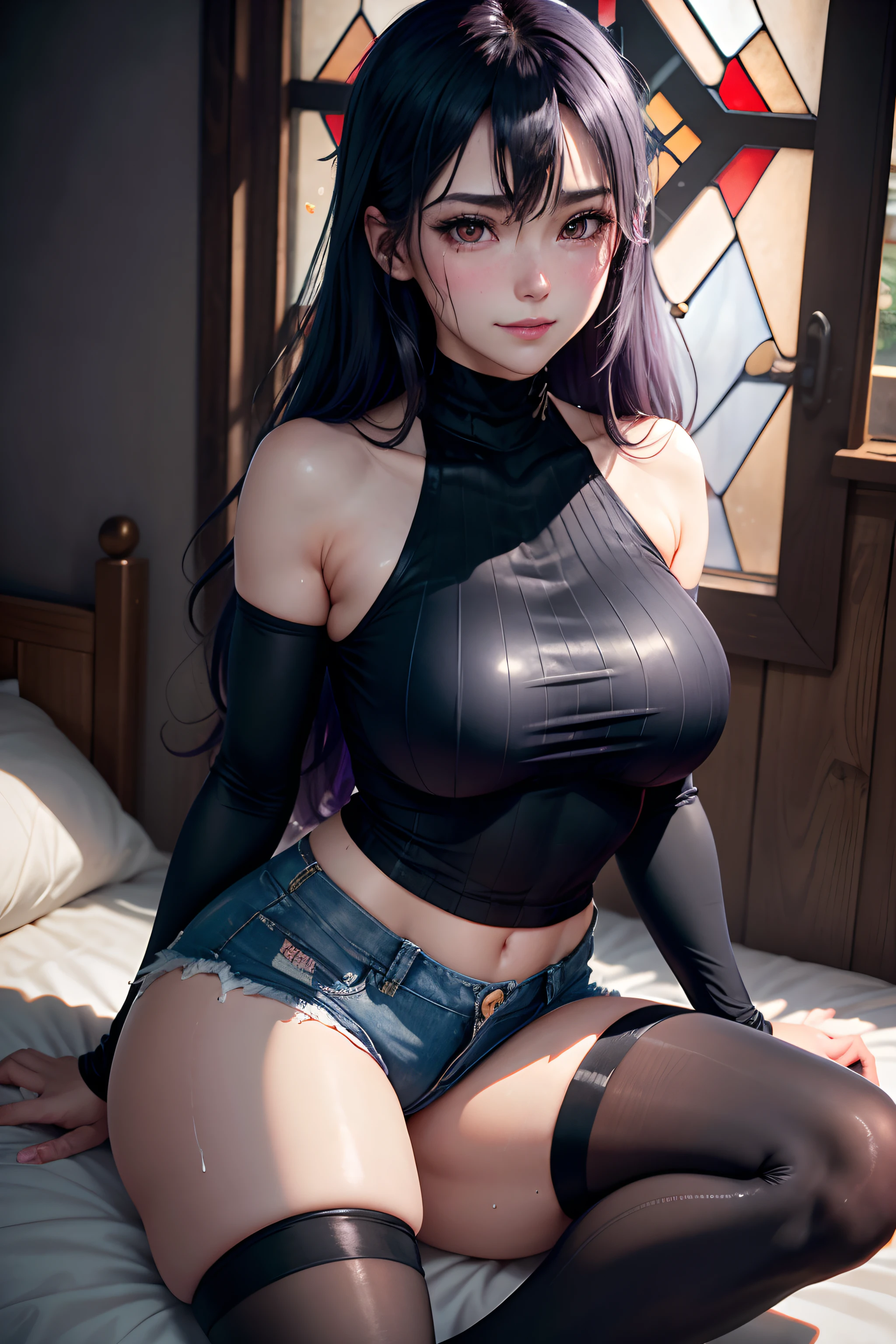 Jersey material is cotton、A slight smil、Transcendent beauty、Dark Gothic Makeup、Sweat glitters on my face、Sweat glitters on my thighs、The whole body is shiny with sweat.、Long hair straight hair、Purple hair、Transcendent cute face、Sit up、a bed、sprawl、Dark black knee-high socks、Dark Black Thigh Socks、Dark blush、masutepiece、8K、dark black eye shadow、24 year old、wretched、Sticky shiny thighs、Sweat a lot all over your body、chies、Too large tops、Sweat shining generously on the thighs、A smile、Smile、Underwear black、Transcendent Denim Short、Denim length super short、Mini Hot Pants、Tight denim、Slender system、Stained glass background、boredom、Sad face、Sweat glistens on my face、Stop Close-up、Wearing a black bra、Slender figure、Bust size is C cup、3D、Wear the Adidas jersey、