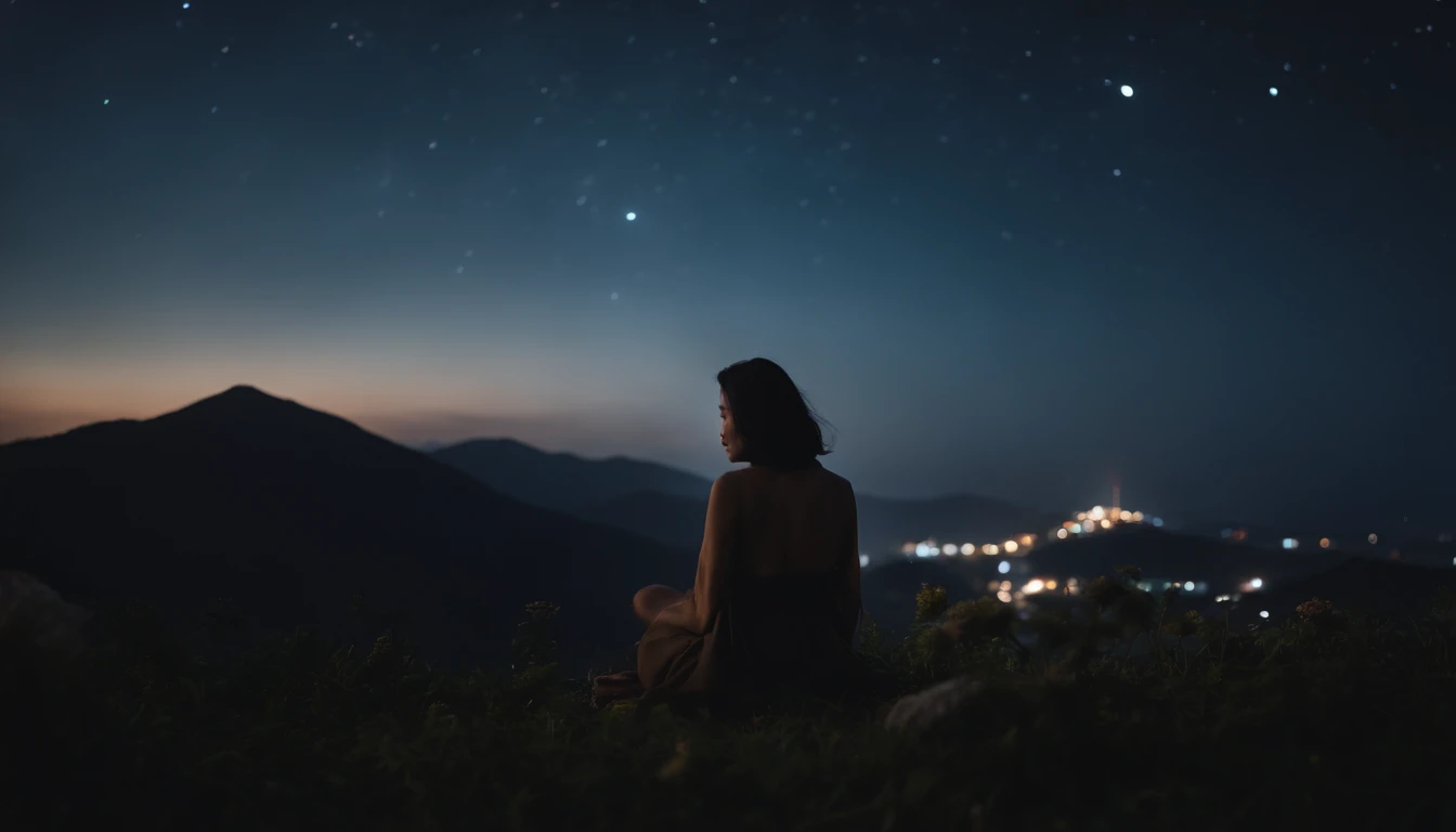 nigh sky、Beautuful Women、ultra res、4K、stele、japanes、Beauty is sitting on a hill facing backwards and looking at the stars in the night sky、soio、