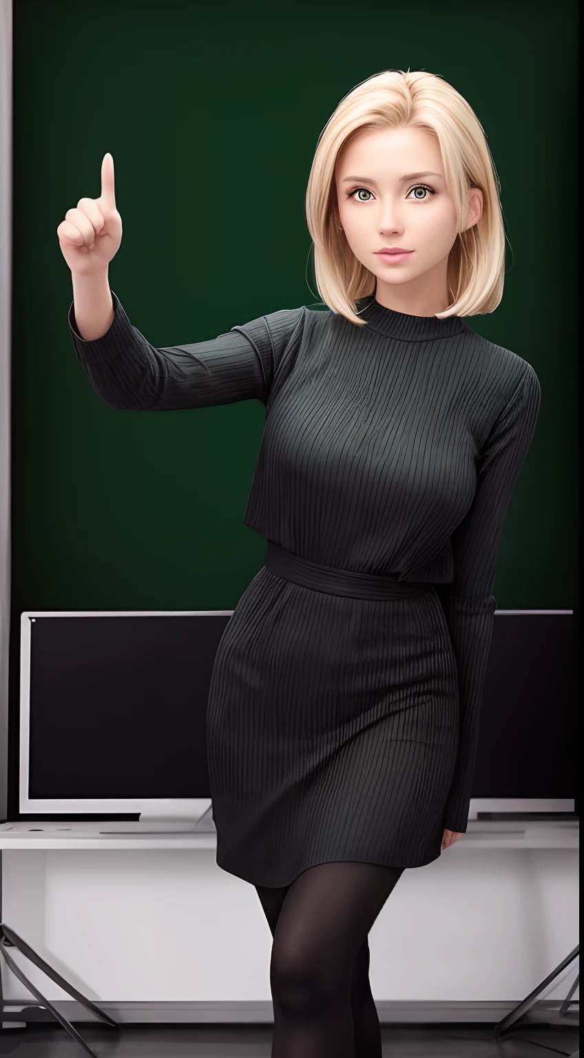 blonde woman, with green screen behind her. She should be pointing at the screen but looking straight ahead. the woman must appear full body in the photo.