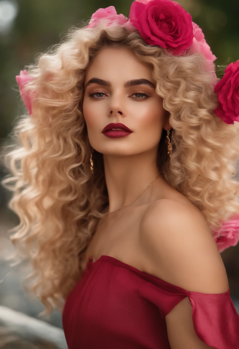 mulher albina, com roupas rosas, curly hair, obras de arte intrincadas, 8k, 20 anos, corpo inteiro, blonde hair, sol, cores quentes, sombras perfeitas, 8k